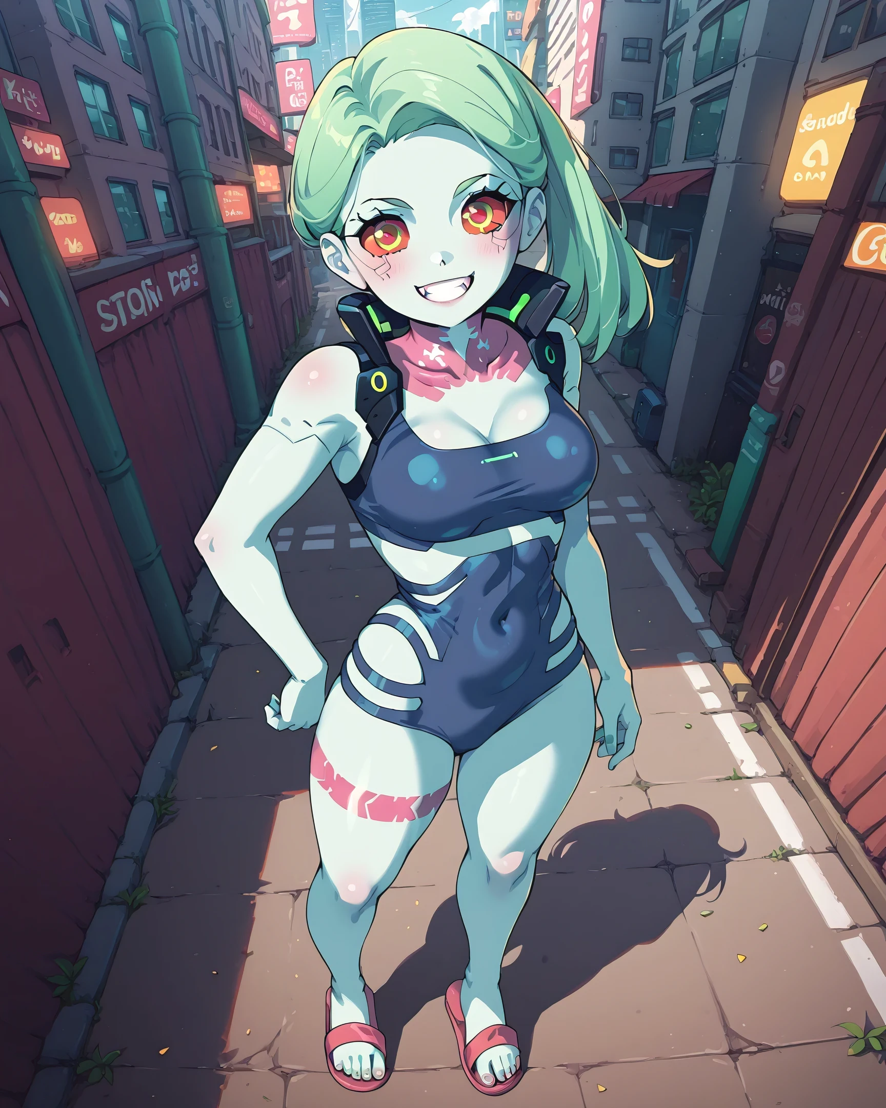 masterpiece, best quality, highres, NSFW, 1girl, rebecca \(cyberpunk\), solo, {detailed eyes, eye focus, matching eyes, colored sclera, red sclera, short eyelashes, colored skin, canine teeth, white skin, leg tattoo, neck tattoo, green hair, pixie cut hair, fang, red pupils, skin fang, red eyes, busty chest, short girl}, {standing, meadow, outskirts of city}, {flipflops, standing, sports bra, panties, skin tight suit, full body, smile}