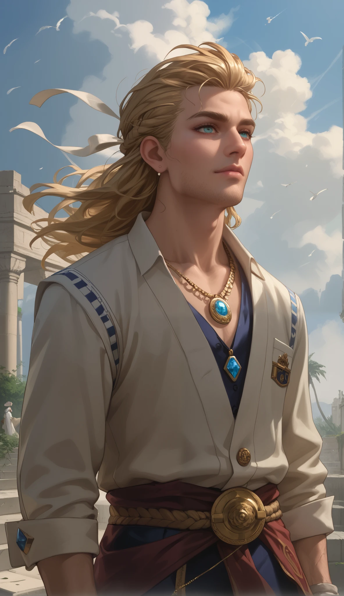 solo focus, 1girl , (masterpiece, high quality:1), Name: marshmallow (Zephyr) Pol: The Male Race : Human (with elements, hinting at a connection with the spirits of the wind) age: Appears to be about 30 years old, but his true age is shrouded in mystery. Appearance: tall, thin, with long, ash-colored hair blowing in the wind. Wears plain, but well-tailored clothing made of lightweight fabrics in earthy tones. There are many small scars on his face, and eyes that seem to change color depending on the lighting, usually gray, but sometimes with glimpses of blue or green. Around the neck is a pendant in the form of an intricate weave of feathers and beads. personality: pensive, Silent , with a slight touch of melancholy. benevolent, but keeps his distance. insightful , observant , but does not seek power or fame. Prefers to travel alone, exploring ancient ruins and places of power. Skills: Master of elemental magic, especially associated with the wind and the sky. Possesses knowledge ancient rituals and prophecies. Can speak to the spirits of nature and predict the weather. Is also skilled at herbalism and creating simple protective amulets. The goal: Search for lost knowledge, restoring harmony between the world of people and the world of spirits. Weakness: Emotionally vulnerable, does not tolerate confined spaces well, cannot work in a team. His powers depend on the state of the environment (strong wind can strengthen, calm - weaken). quotation: “The wind carries the secrets of the past, just listen.”