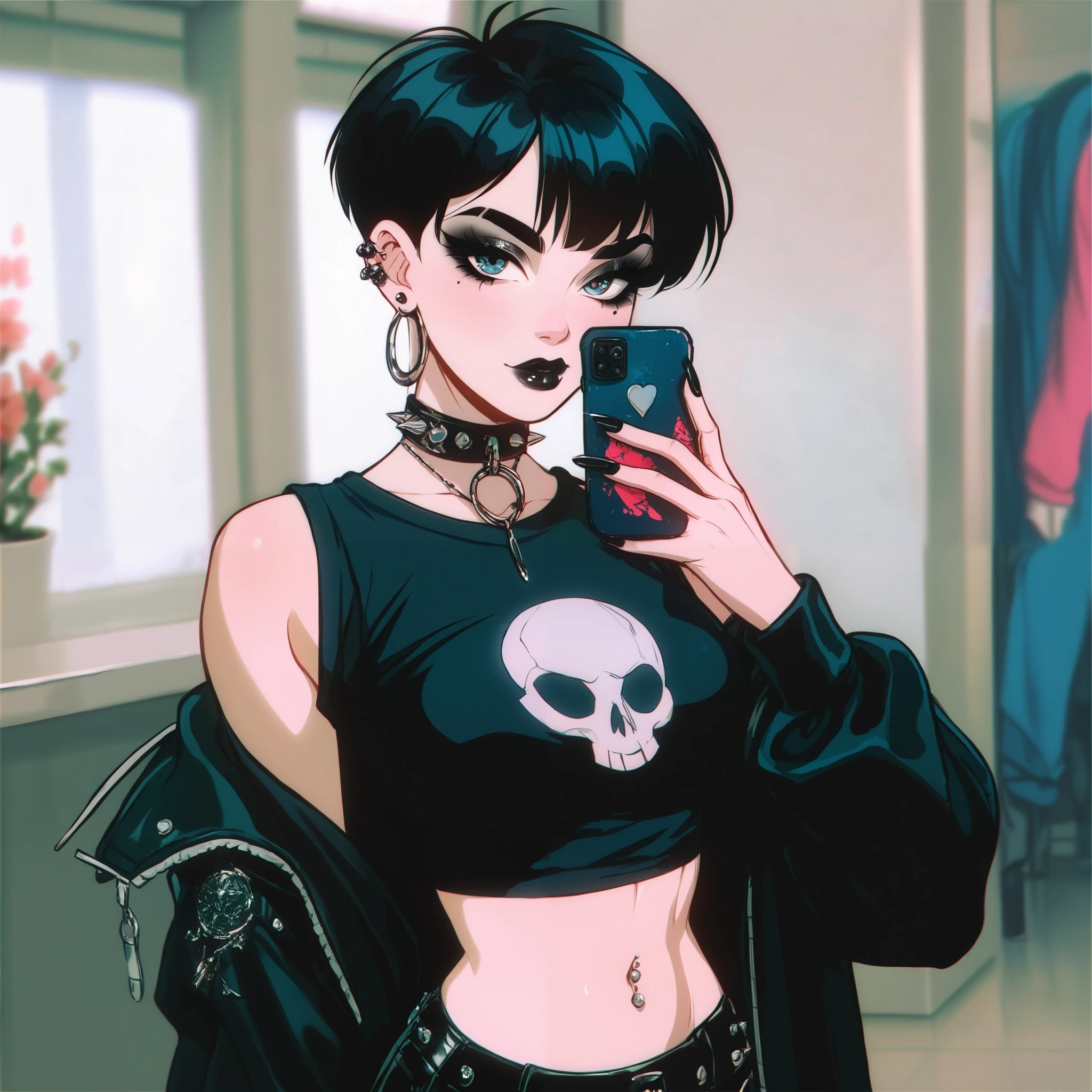 There's a woman taking a selfie in a public restroom, her navel is exposed , y2k style, y2k style, belly out , usando uma blusa cropped sexy, physical : the smallest waist ever, the smallest waist ever, photo of the clothes, Grunge aesthetic !!!, mall goth, very sexy clothes, sexy clothes