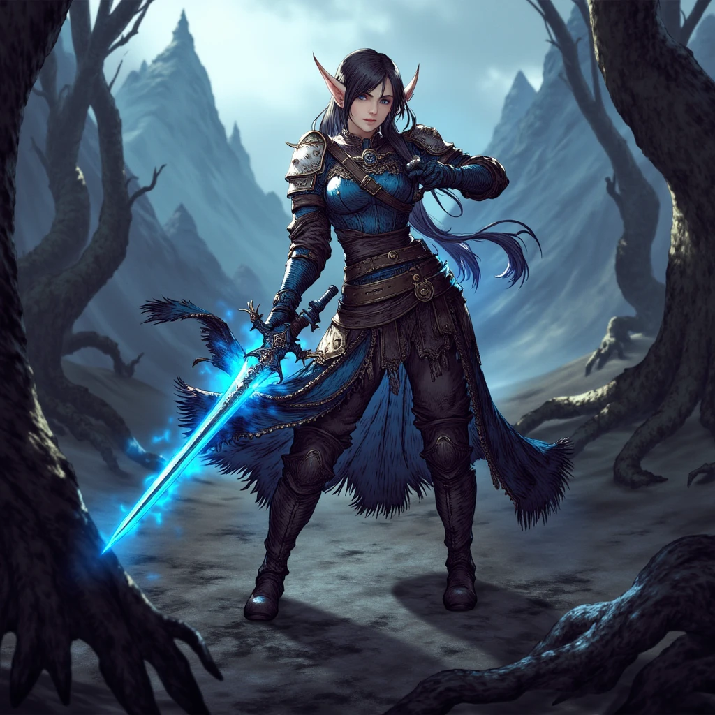 Create an image of a black-haired, magus-class male half elf wielding a long, thin bladed French sword with a magical blue glow, preparing for combat. --auto --s2