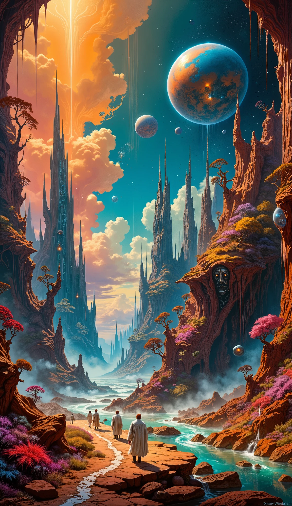 a highly detailed and intricate oil painting depicting an imaginative and surreal interpretation of the world, inspired by Bill Sienkiewicz , with bright and striking colors, Masterfully rendered textures and patterns, a sense of depth and dreamlike atmosphere, (The best quality ,4k,8K, highres, masterpiece:1.2), scientists,(realistic,photorealistic,photo-realistic:1.37), vibrant colors, dramatic lighting ,surreal,psychedelic,Abstract,Organic Shapes,complex compositions,Chiaroscuro,Bill Sienkiewicz, oil painting