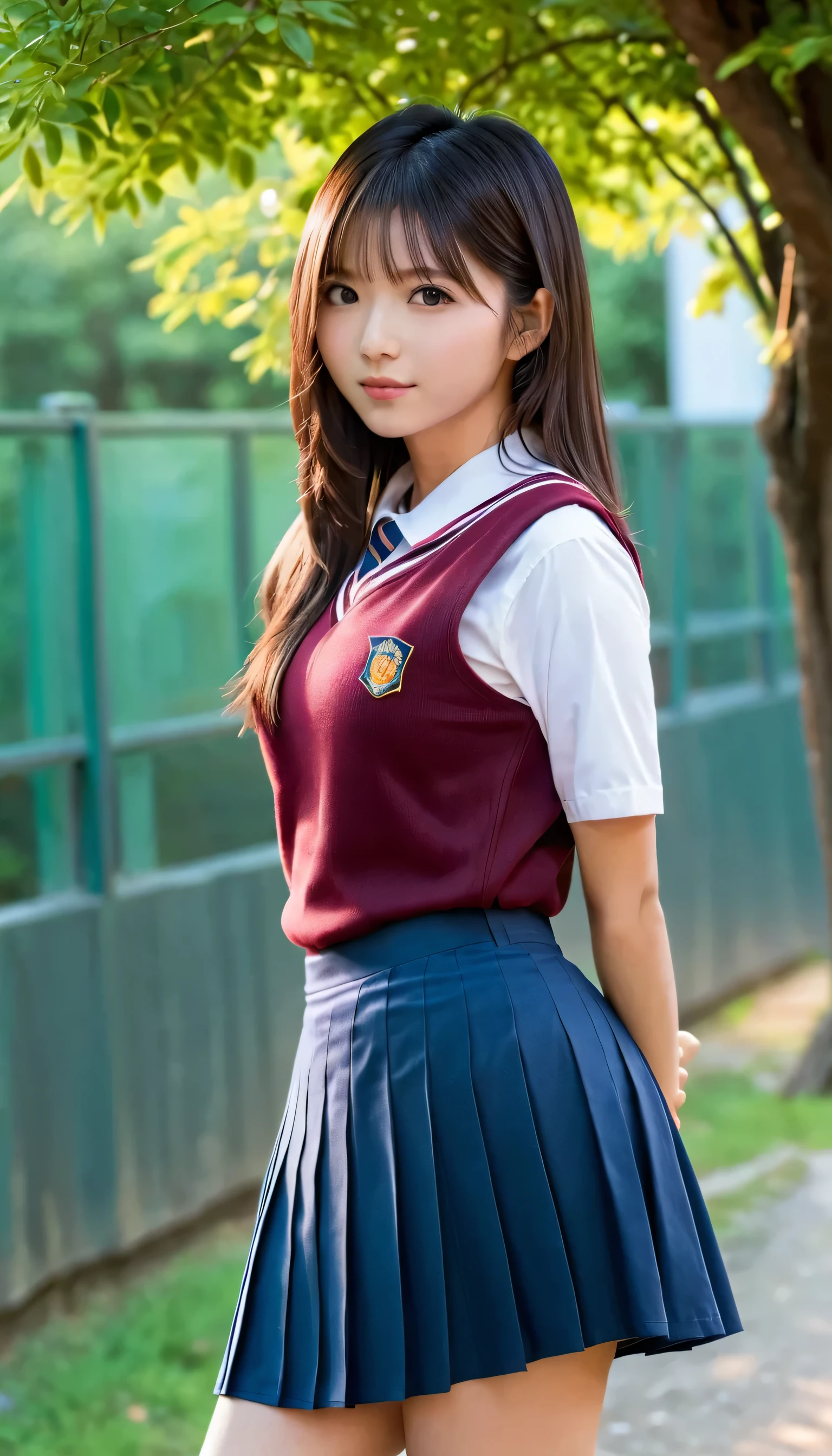 detailed face , cute face, 18 year old woman, long hair, RAW Photo , Bokeh ( realism: 1.4, is present), High Resolution CG Integrated 8K Wallpaper , one girl, (( Slender Body : 1)), ( small breastss: 1), lifting the skirt to show off the panties 、Back to viewers, ((Frontal Intuition )), ( high quality スキン: 1.4), 8K ultra HD , DSLR , Soft light, high quality , film grain, like Fujifilm XT3 , (( school uniform , short skirt, can be viewed through an open skirt:1.5)), (( Outdoors, do))) Ram, portrait ,(( Layered Short Hairstyles , , small breasts:1.2)),( watches viewers:1.4),(whole body:1.8)