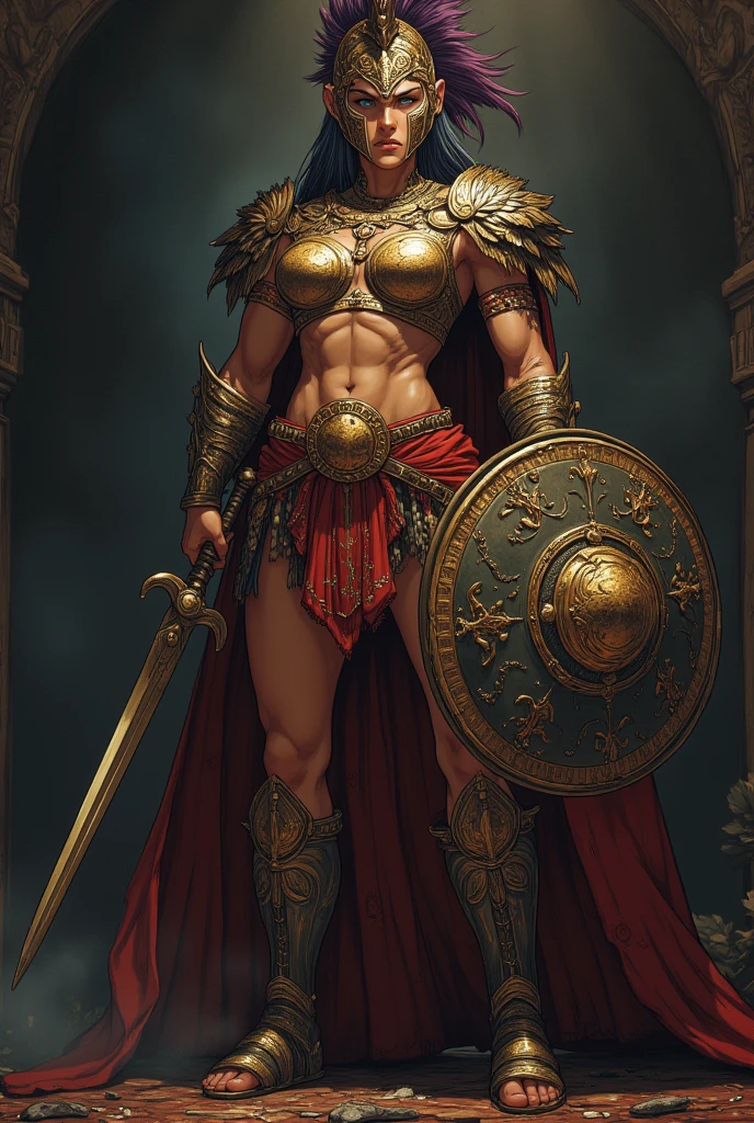 Beautiful alluring Spartan warrior woman, Young woman, oiled skin, toned muscular toned body, bare chest, erect nipples, Pubic hair, hairy vagina, unshaven pubis, metallic armor, Metal corset, Ancient Greek ornaments and clothing, spear and shield in hands, In a Spartan helmet, on the sunlit side of a country road, Fantasy Theme Fiverr Dnd Character, Octane render, digital art, Extreme detail, 4k, ultra HD, polished, Beautiful, hyper-detailed, difficult, Develop, meticulous, photorealistic, sharp focus, VLP, Character design, Unreal engine, 3d rendering, volumetric lighting, reflections, glossy, digital illustration, sensual pose, Suggestive pose, obscene, Full body shot, Anatomically correct