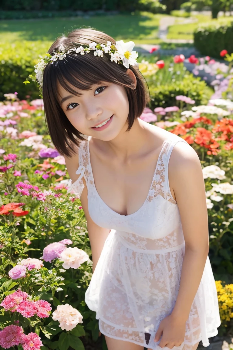 (8k),(masterpiece),(Japanese),(*********** girl),((Innocent look)),((Childish)),from the front,smile,cute,超cute,Innocent,Kind eyes,White camisole dress,(((Sheer dress))),((The skin is clearly visible)),(Nipples are visible through the fabric),Décolletage,(((Embarrassing))),Shy,Hair blowing in the wind,Black Hair,(***** body type),Somewhat strong wind,noon,bright,Flower Field