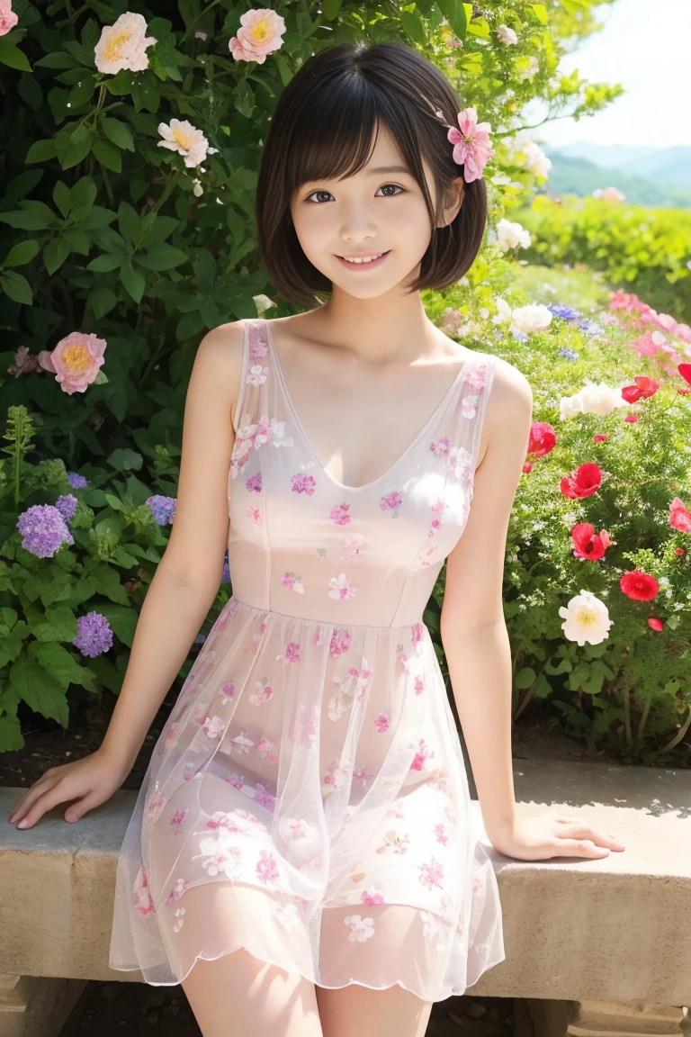 photorealistic, extremely delicate and beautiful, ultra-detailed, (best quality, 8k, 32k, masterpiece, UHD:1.2), Photo of 19yo Pretty Japanese gravure idol sitting on park bench, neat and clean summer mini dress, floral clothes, short hair, grin, (spread legs, arm support:1.2),