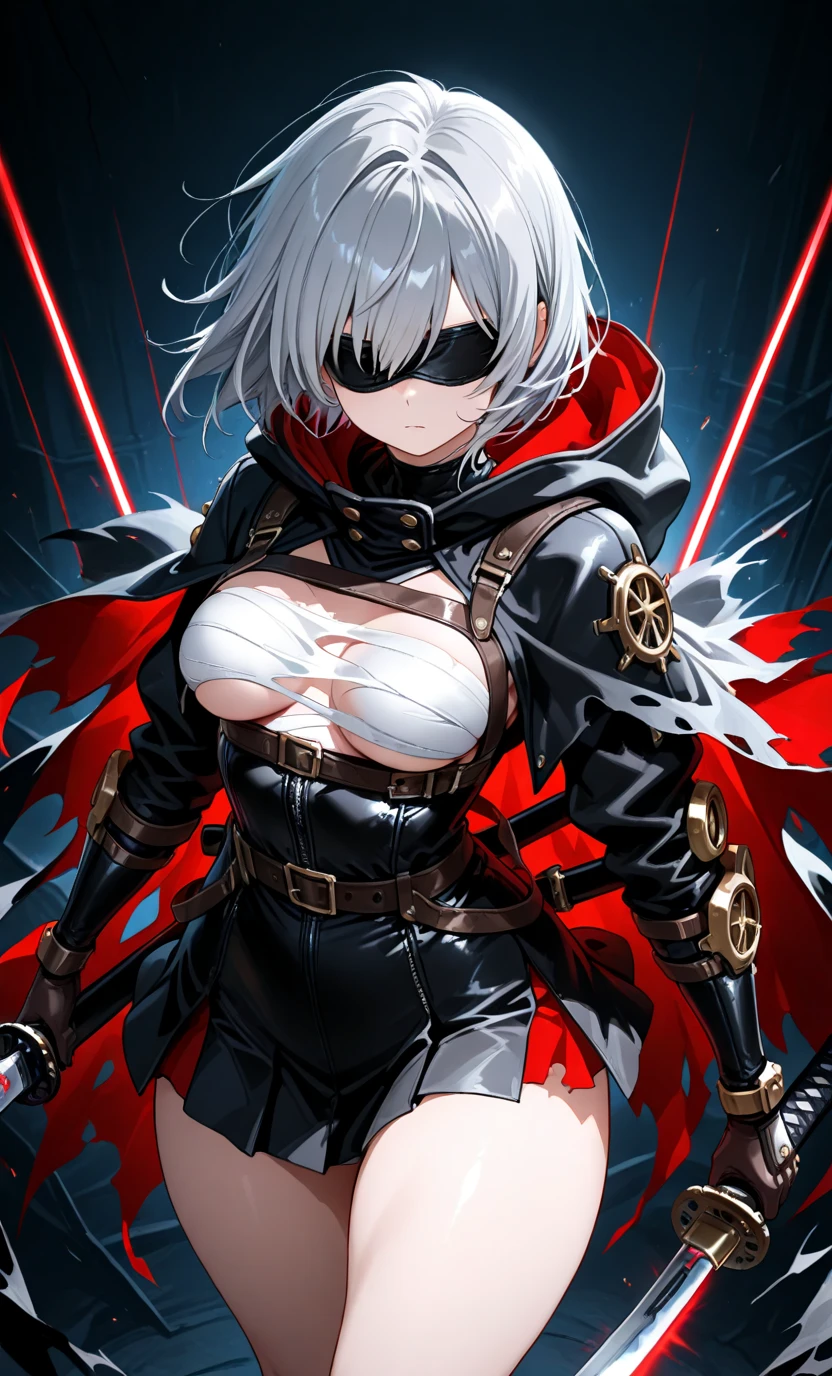 Create an image of an adult Red Riding Hood superhero who is vigilantly patrolling the crime-infested streets of a dark and dangerous city. She is a (((femboy))) wears a sleek, modernized version of the classic red hooded cape, but it's now a form-fitting, crimson latex outfit with black accents. Her costume features elements of both strength and grace, with a touch of yellow to symbolize hope and determination. She's armed with domination gadgets and is seen confidently navigating the gritty urban landscape, her presence a beacon of justice in the midst of chaos. (((sexy))). ((((flat chest)))) action pose, dynamic angle