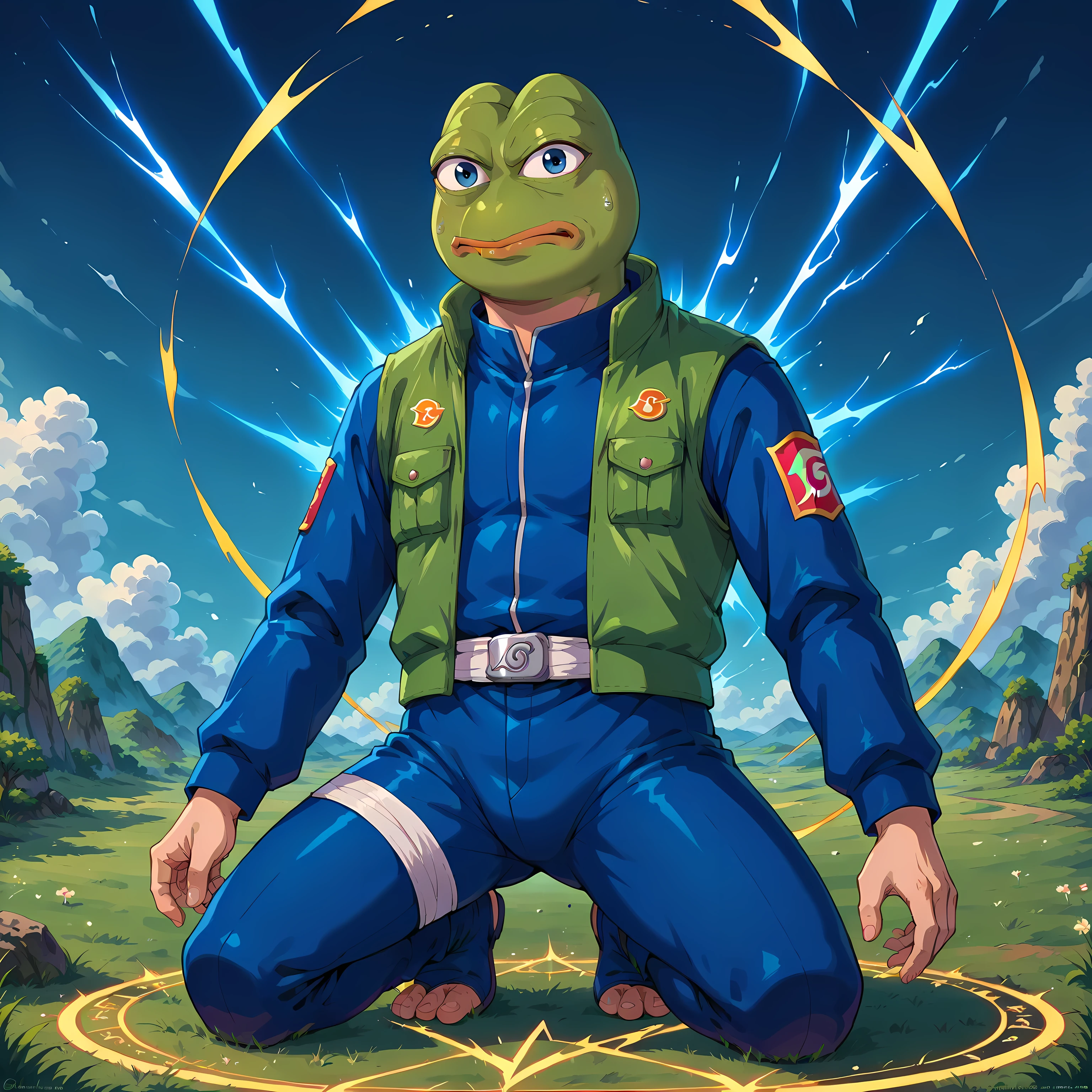 Pepe Frog, Detailed_Background, (anthropomorphic frog, large round pepe head, wide pepe eyes, frog mouth), (anthropomorphic frog), aggresive expression, angry, Pepe Frog, Detailed_Background, Dynamic Close up, Dynamic pose, front view, Mouth closed, Naruto Style, Kakashi Pepe, Masterpiece, detailed, beautiful details, hatake kakashi, 1boy, silver hair spiky hair, tilted forehead protector, konohagakure symbol, sharingan eye, face mask, jonin vest, navy blue shinobi pants, toad-like features, warty skin detail, amphibian eyes, Kneeling pose, palm strike ground, summoning circle effects, crackling energy, dust explosion, ninja dogs emerging, rocky terrain, storm clouds, lightning strikes