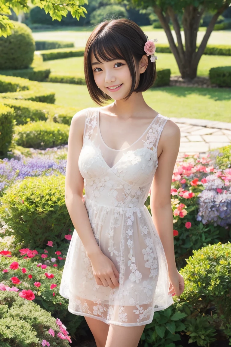 Super detailed,Super detailed,high quality,Attention to detail,最high quality,(((最high quality, High resolution, Ultra HD, Attention to detail)))), Actual Photos,Highest im年 quality, Realistic, One Girl、18 year old student、Smile、Big Breasts 、Show lower milk、White lace ultra-mini wedding dress、Lace Material、See-through material、Short dress、See-through、Princess、tiara、Lots of thighs、Sandals、In the middle of the big city、Holding a bouquet of white flowers in both hands、8k