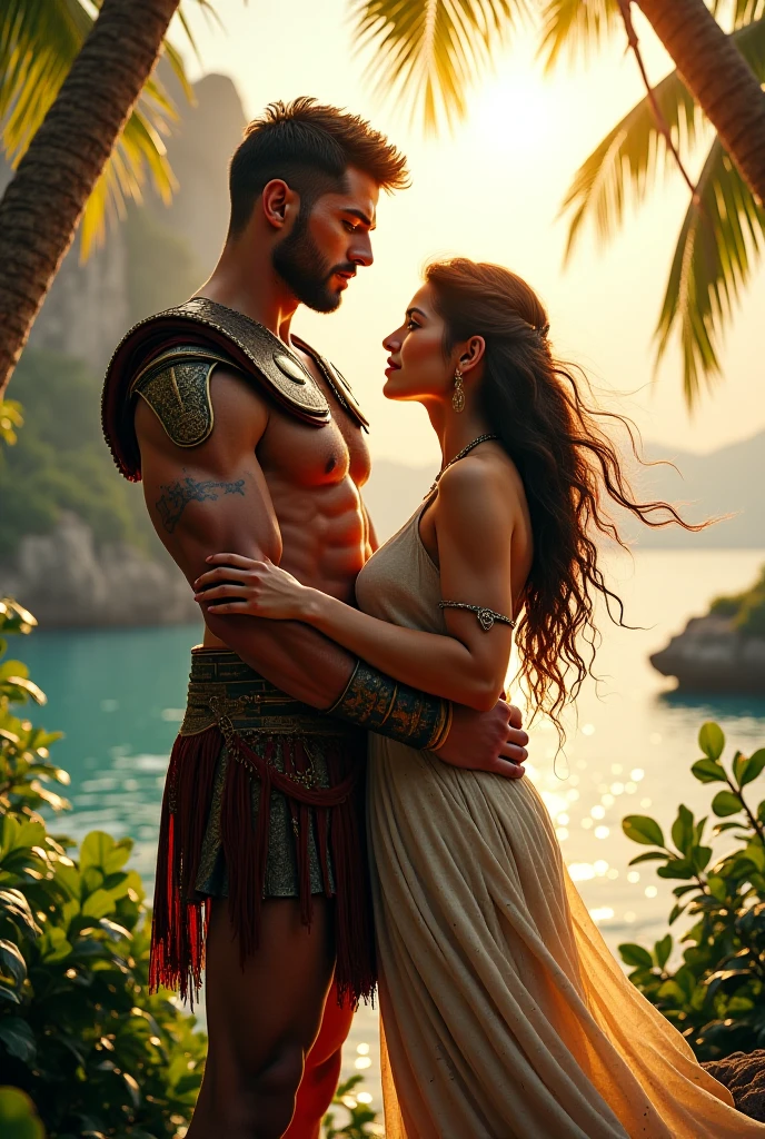 A handsome, young Greek god with a sword hanged on his waist and a woman amazed at his beauty and was holding a little tasty bread on her hand beside the lake and at night