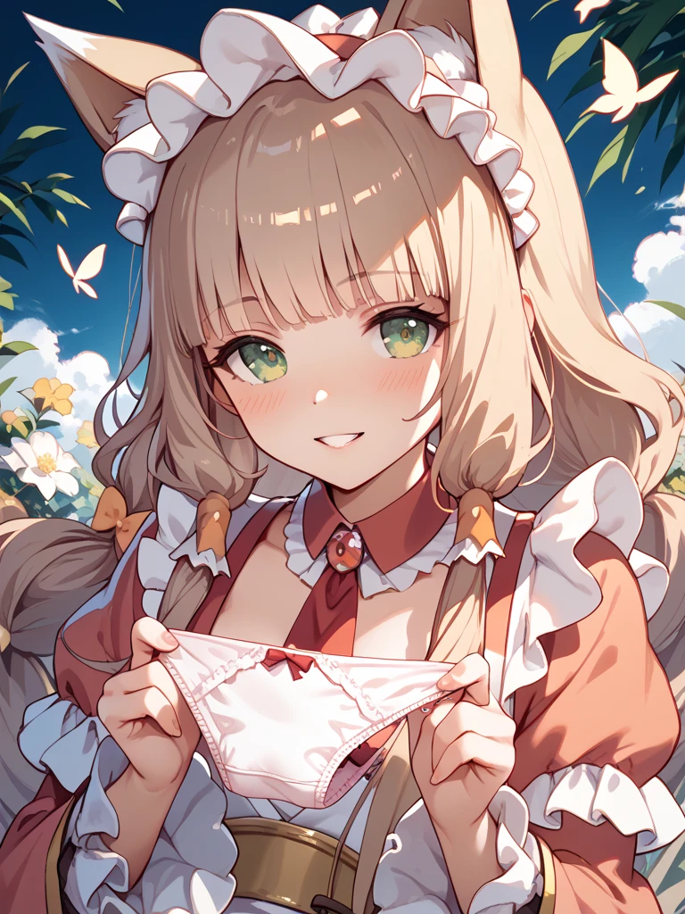 una chica、orejas de zorro, soft silver brown hair、wink、Signo de pieza、Ropa hasta los hombros、de dos colas、Colas gemelas altas、ojos amarillos、Cinta negra en la cabeza, prenda blanca con cuello alto y hombros descubiertos, los bordes de la prenda son negros y detalles dorados, dos botones dorados en la parte media de la prenda, The garment has a heart-shaped hole with gold edges at the bottom of the collar of the garment, small short sleeves on the hands, blanco con bordes dorados, guantes medios de oro negro, el personaje no lleva falda y no lleva bragas, techo exterior de madera, warm atmosphere, plantas, Chica acostada, mostrando su culo, vagina, vagina sin censura, vagina abierta, vagina afeitada, detalles extremos en la vagina, vagina penetrada, (manos perfectas), pies perfectos)