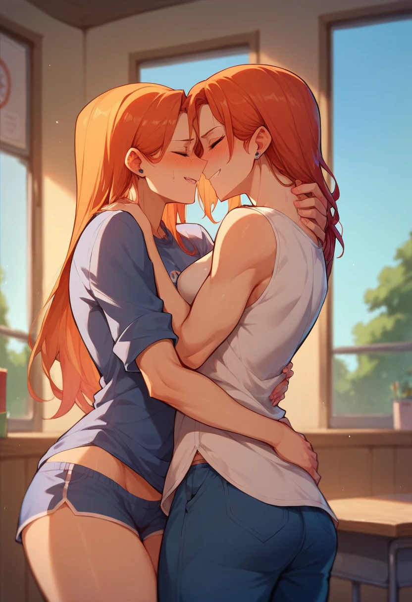 (best quality,highres,realistic:1.2),medium:furry girls, beautiful detailed faces, close eyes,long eyelashes, soft and flowing fur, sensual kiss, loving embrace, cozy and warm sweaters, camouflage patterned unzipped pants, relaxed poses, comfortable atmosphere, intimate lighting, vibrant colors