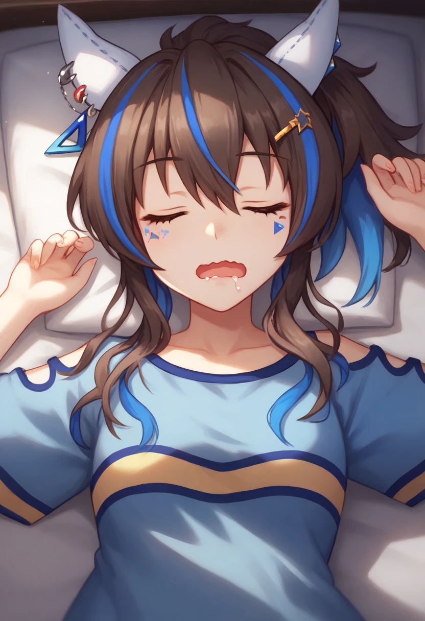 SoraBase, long hair, star hair ornament, hair ribbon, blue eyes, blue vest, sleeveless shirt, red ribbon, ,(masterpiece),(best quality),(ultra-detailed),(best illustration),(best shadow),(absurdres),(detailed background),(very aesthetic),1girl,dim lightning,in bedroom,orgasm,horny,looking at viewer,in heat,,heavy breath,shiny skin,sweat,,,aged up,ohogao, teary-eyed, drool, half-closed eyes, , ,drooling,portrait,face focus,close up face,saliva trail,front view,looking at viewer,(after kiss),from above,chin grab,pov,holding chin,1boy,wide hip,look up,happy,all fours,,full_body,legs,hip,back,spines,hip,1boy,boys arm,boys hand,