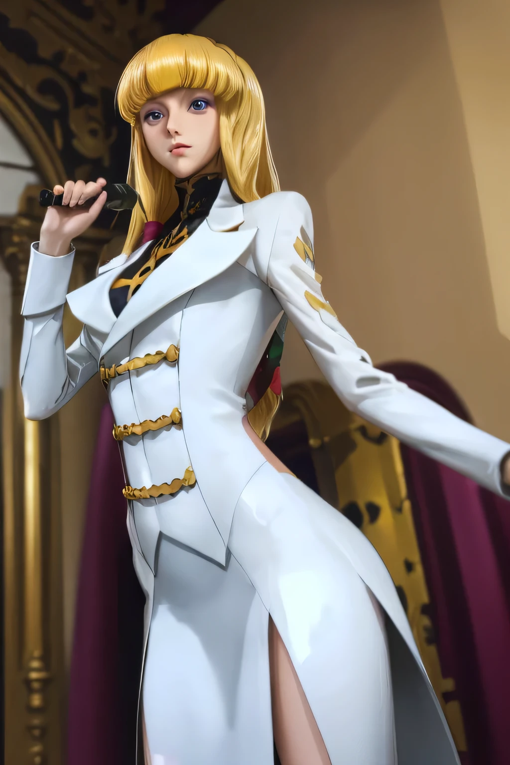  perfect anatomy　 top quality, highest resolution,(((shiny white costume　Shiny Blonde　 straight hair　Dark blue eyes)))　 code geass　Monica　 long hair