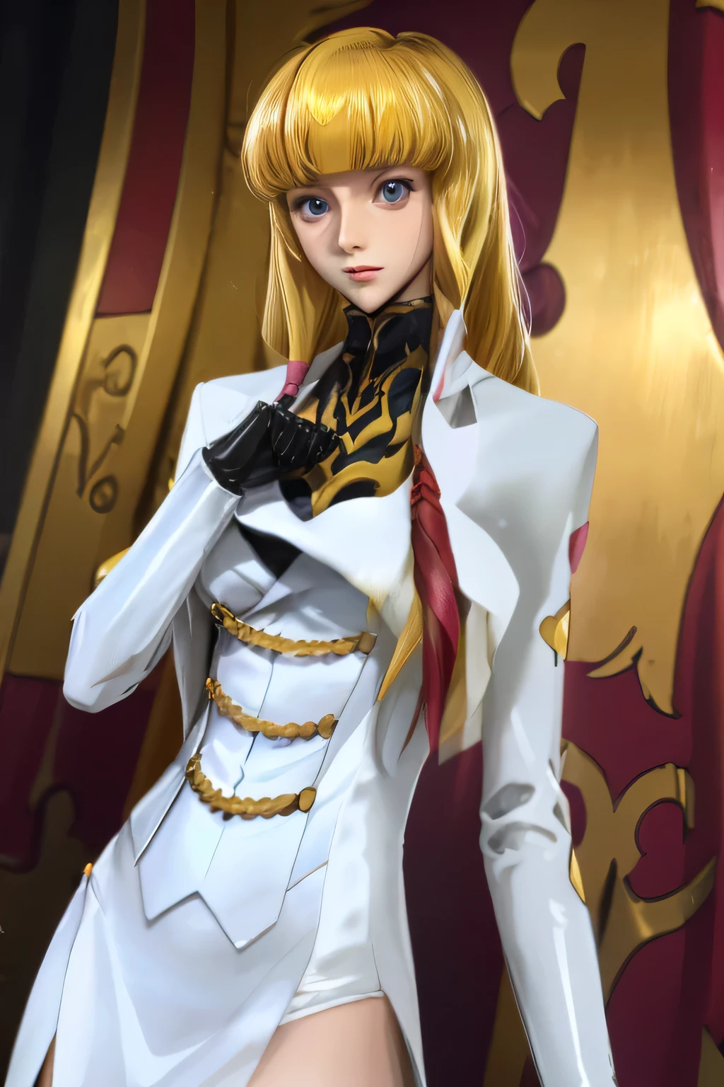 perfect anatomy top quality, highest resolution,(((shiny white costume Shiny Blonde straight hair Dark blue eyes))) code geass Monica long hair