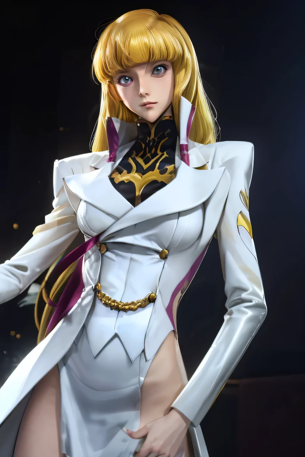 perfect anatomy top quality, highest resolution,(((shiny white costume Shiny Blonde straight hair Dark blue eyes))) code geass Monica long hair