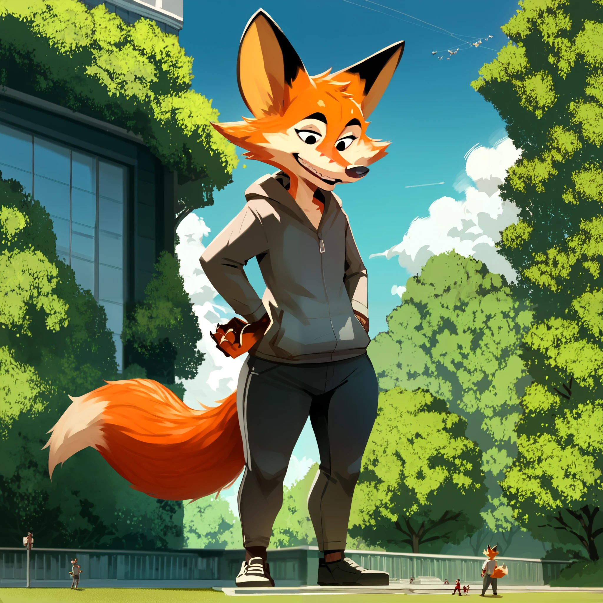  hairy, darma ,  fox ears ,  wide hips,  thick thighs, FROM BACK, ángulo bajo, macro, al aire libre,  smiling,  black eyes,  looking at the spectator,  full body, standing,  long hairy tail