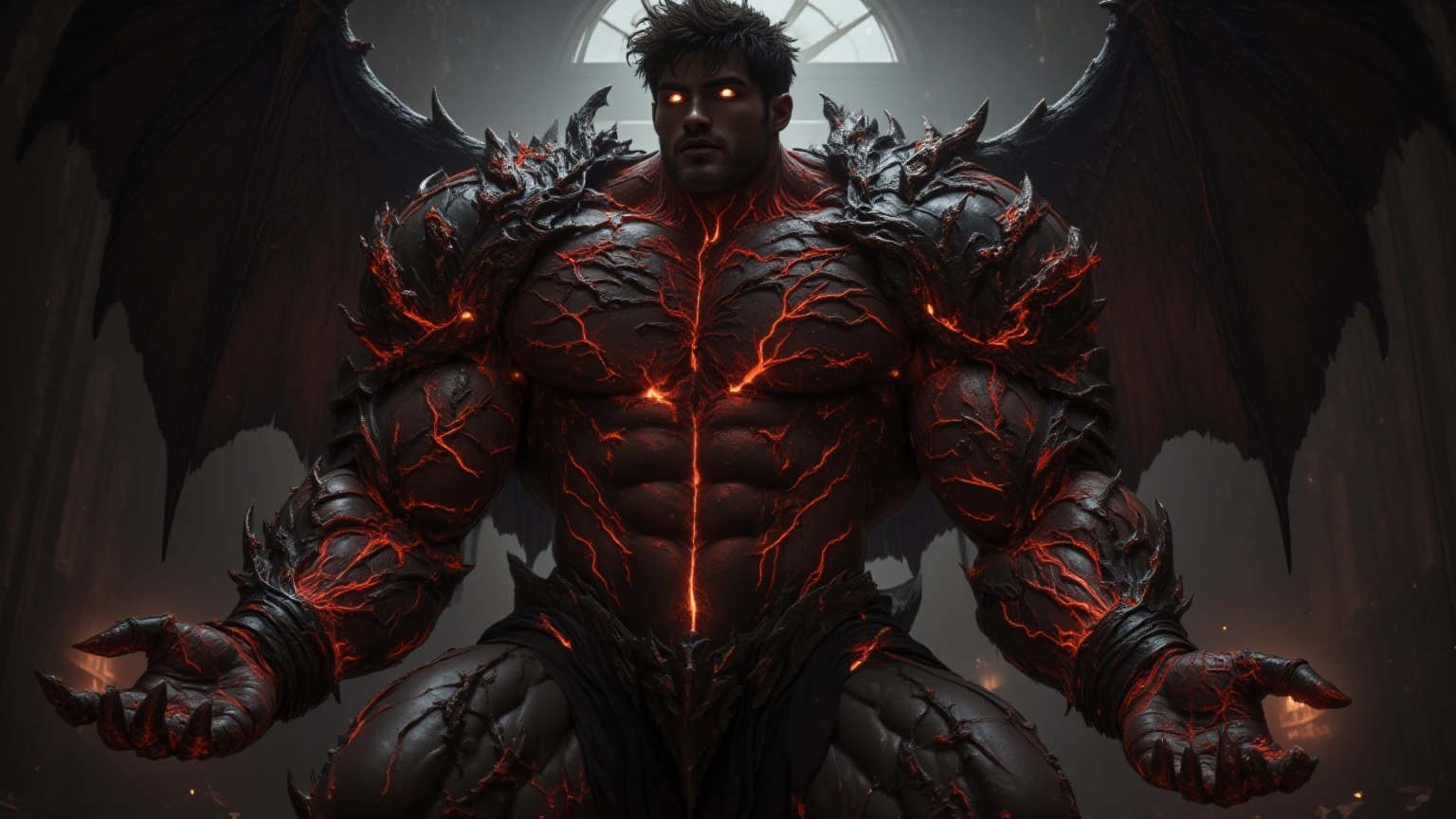Sharpness Pattern Characters A hyper-realistic, three-quarter body portrait of a dark, powerful male ...