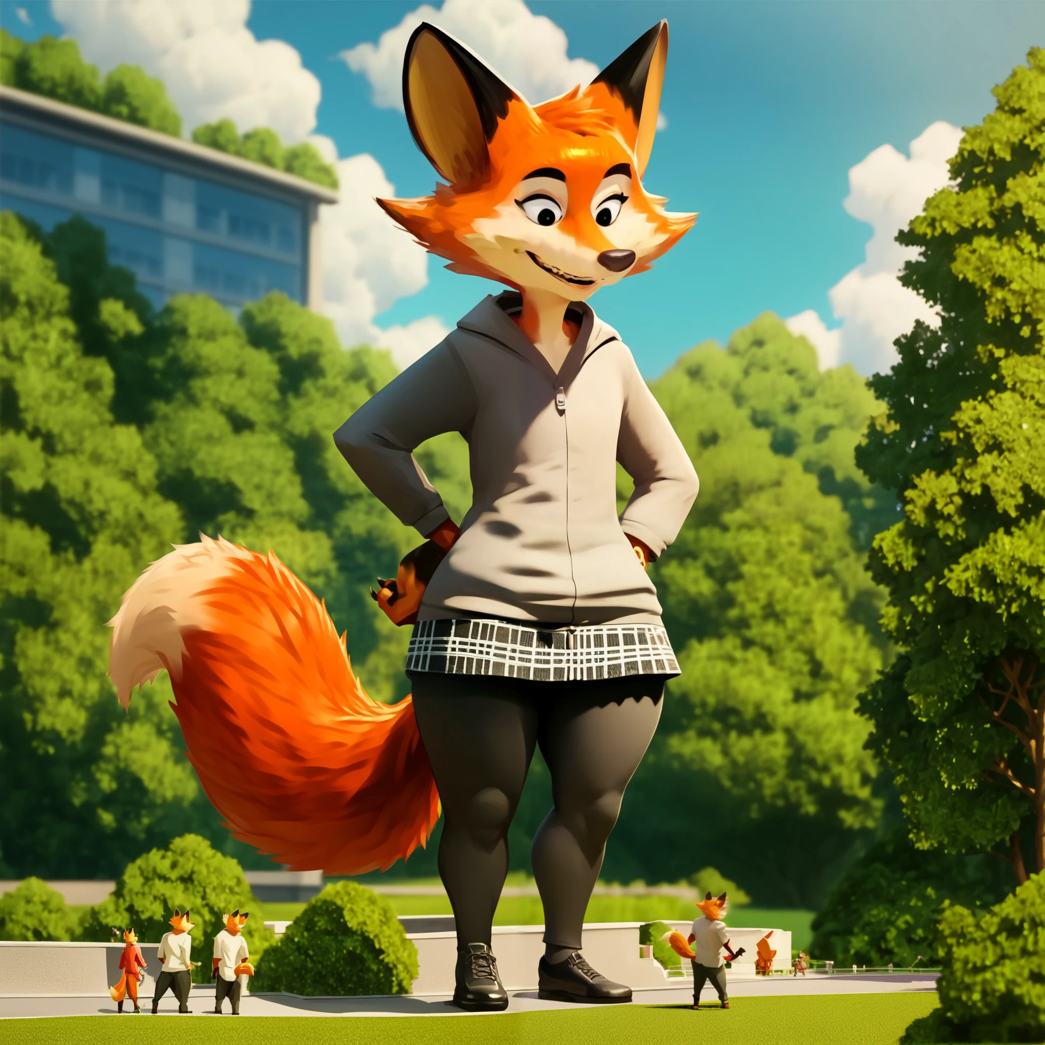 hairy, darma , fox ears , wide hips, thick thighs, FROM BACK, ángulo bajo, macro, al aire libre, smiling, black eyes, looking at the spectator, full body, standing, long hairy tail