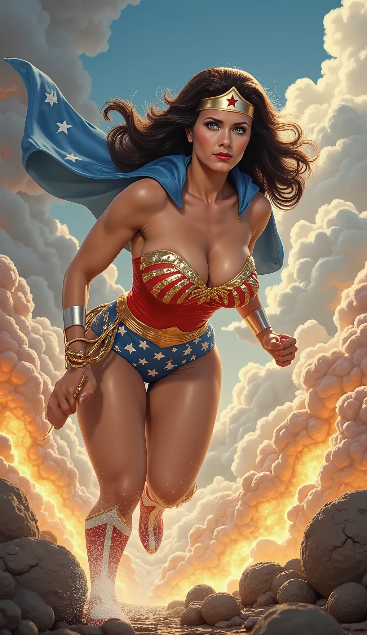 (HELPLESS PERIL SCENE) (COMIC BOOK STYLE) A SEXY LYNDA CARTER AS THE ICONIC 1960 WONDER WOMAN, WEARING A LATEX WONDER WOMAN COSTUME, LATEX PATRIOTIC BLUE SKIRT. A TRI-COLOR PATRIOTIC CAPE. HER GOLDEN LASSO ATTACHED TO THE SIDE OF HER HIP. CRYSTAL CLEAR ART, CELAN CRISP ART, 4K, 8K, MILLIONS OF TEXTURES AND DETAILS. SAVING THE WORLD. COMIC BOOK