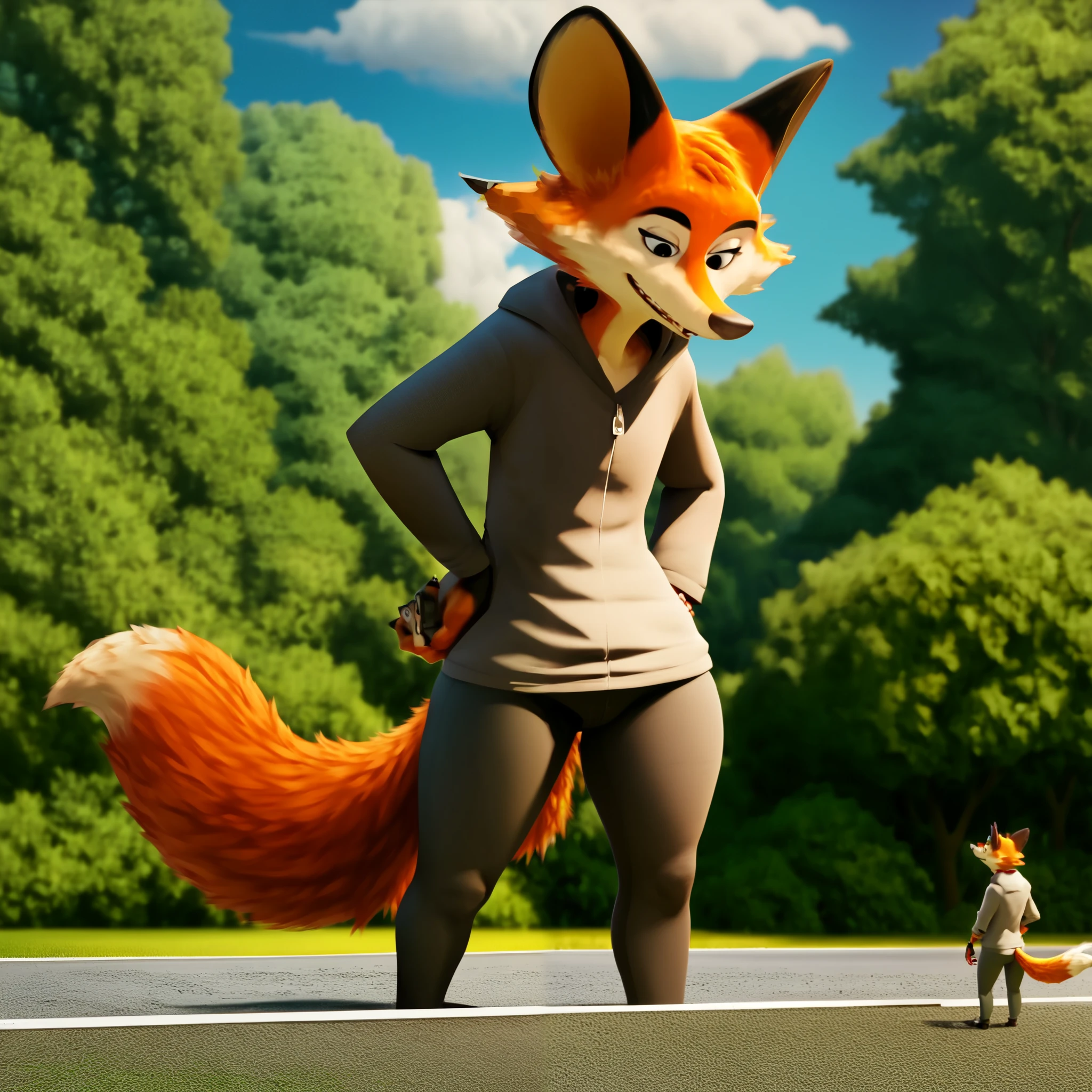  hairy, darma ,  fox ears ,  wide hips,  thick thighs, FROM BACK, ángulo bajo, macro, al aire libre,  smiling,  black eyes,  looking at the spectator,  full body, standing,  long hairy tail