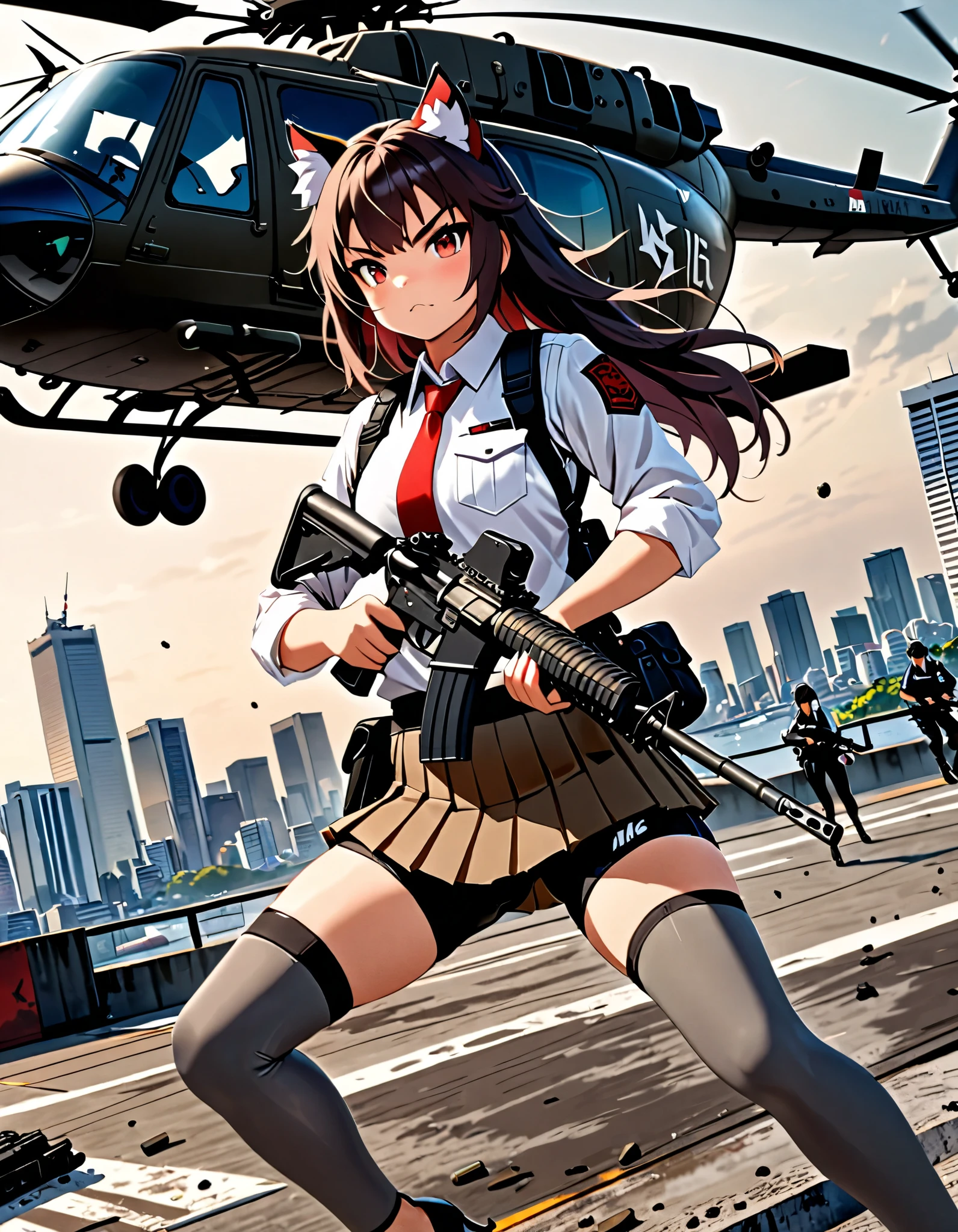 masterpiece, best quality, high res, high details, 4k, 8k, solo focus, 1girl, female samurai, Japanese military officer, (catgirl:0.9, furry ears:1.3), college-aged female, long hair, black hair, hair ornament, white-collared shirt, red necktie, shoulder holster, (full dark grey leggings), (pleated skirt:1.3, biker shorts:1.4), (high heels), ((using an m16 rifle series)), aggressive battle stance, Tokyo skyline, wharf, (a military helicopter hovering above:1.2), concrete ground riddle with bullet holes, dutch angle, intense atmosphere, intense expressive. Action shot.