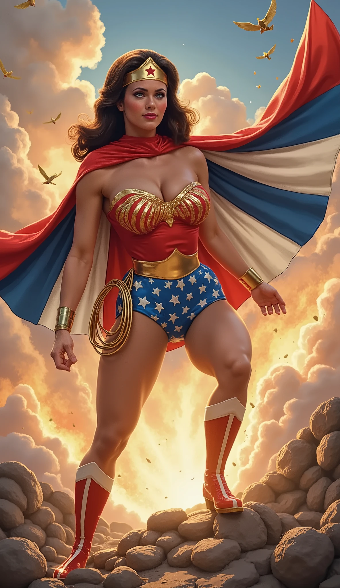A TRI-COLOR PATRIOTIC CAPE (HELPLESS PERIL SCENE) (COMIC BOOK STYLE) A SEXY LYNDA CARTER AS THE ICONIC 1960 WONDER WOMAN, WEARING A LATEX WONDER WOMAN COSTUME, LATEX PATRIOTIC BLUE SKIRT, HER GOLDEN LASSO ATTACHED TO THE SIDE OF HER HIP. CRYSTAL CLEAR ART, CELAN CRISP ART, 4K, 8K, MILLIONS OF TEXTURES AND DETAILS. SAVING THE WORLD. COMIC BOOK