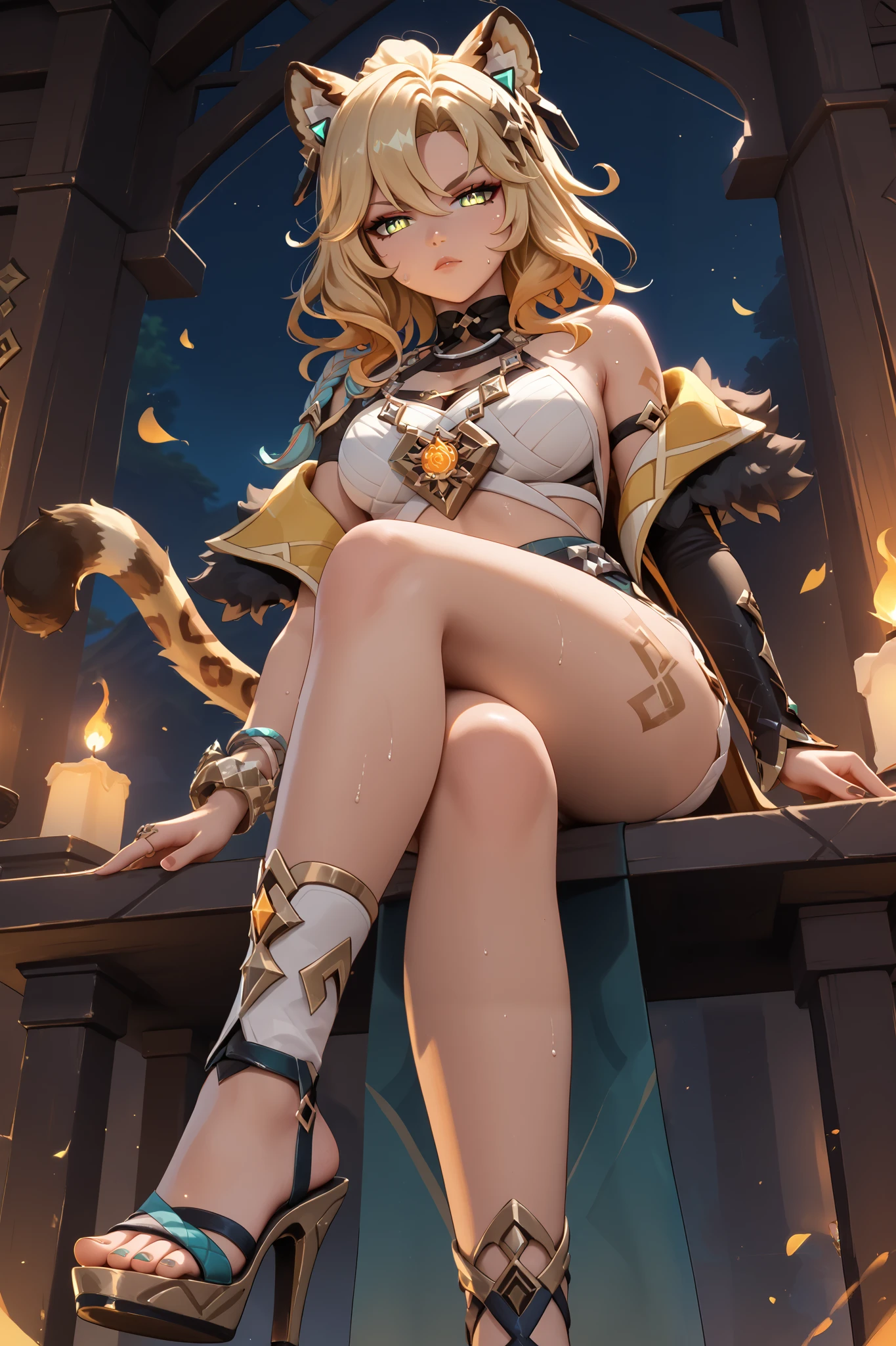 masterpiece, beautiful, ultra-detailed, detailed face, 4k, hd, perfect lighting, best quality, score_9, score_8_up, score_7_up, score_6_up, 2d art, perfect hands, perfect eyes
((cowboy shot))
xilonen, leopard tail, necklace, open clothes, single detached sleeve, bracelet, thigh tattoo, toeless heels, glowing tatoo
1girl, sitting crossed legs, serious face, sweat, from below
smith, forge, genshin impact, ((natlan)), fantasy