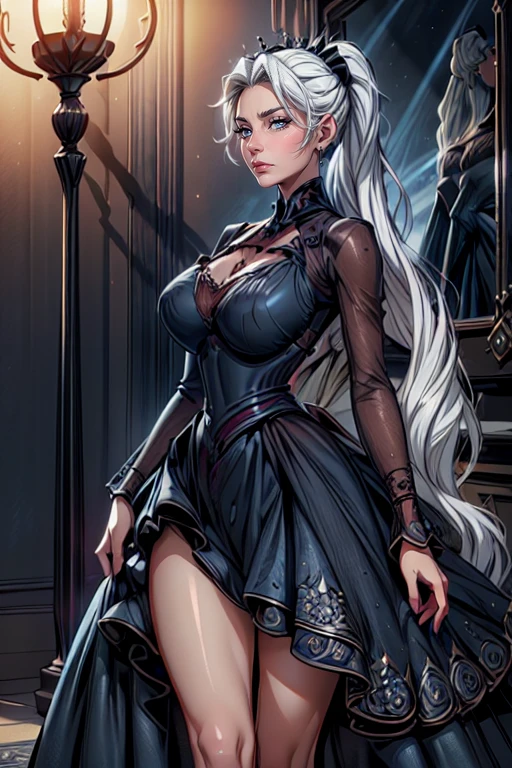 One creates a girl with blue eyes, beautiful, thin, flat, and may be wearing a businesswoman's uniform (bangs, straight silver hair), women, ((light blue, sheer blouse front opening, light blue sheer slit miniskirt)), ((black lace underwear), biting in)), sexy pose, lower body slender, behind the woman, There are windows showing various buildings in the city (absurdity, high resolution, super detail), Carrier Woman