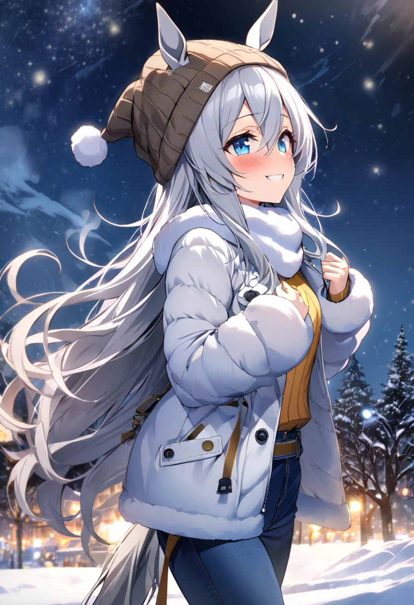 score_9, score_8_up, score_7_up, BREAK, best quality, masterpiece, very aesthetic, ultra detailed,very detailed background,ratingBREAK,zPDXL3, tamamo, horse ears, horse tail, long hair, blue eyes, hair between eyes, grey hair, winter,snow,starry night,fur coat,steam,blush,jeans,Beanie,ribbed sweater,boots,muffler,night,light smile,