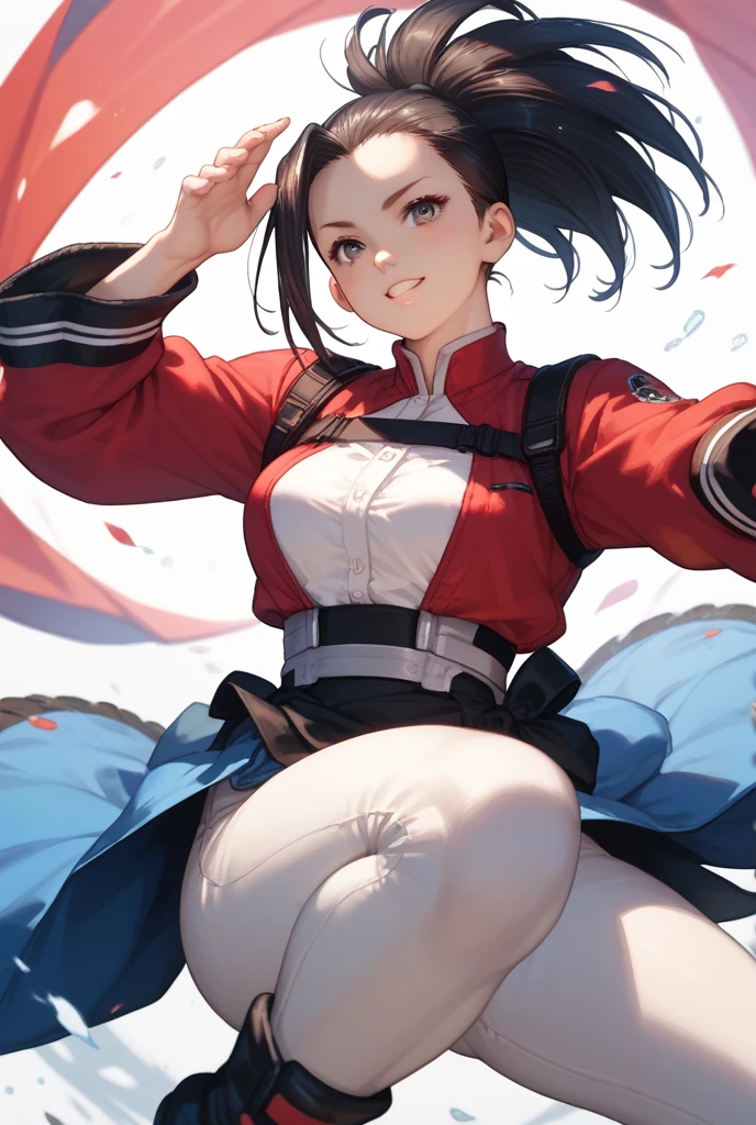 (from behind), (masterpiece, best quality:1.2), expressive eyes, perfect face, highres, 1girl, solo, female version of  Ryu \(sf\), (female:1.5), black hair, long hair, dougi, fingerless gloves, headband, no pants, standing, cowboy shot, looking at the viewer