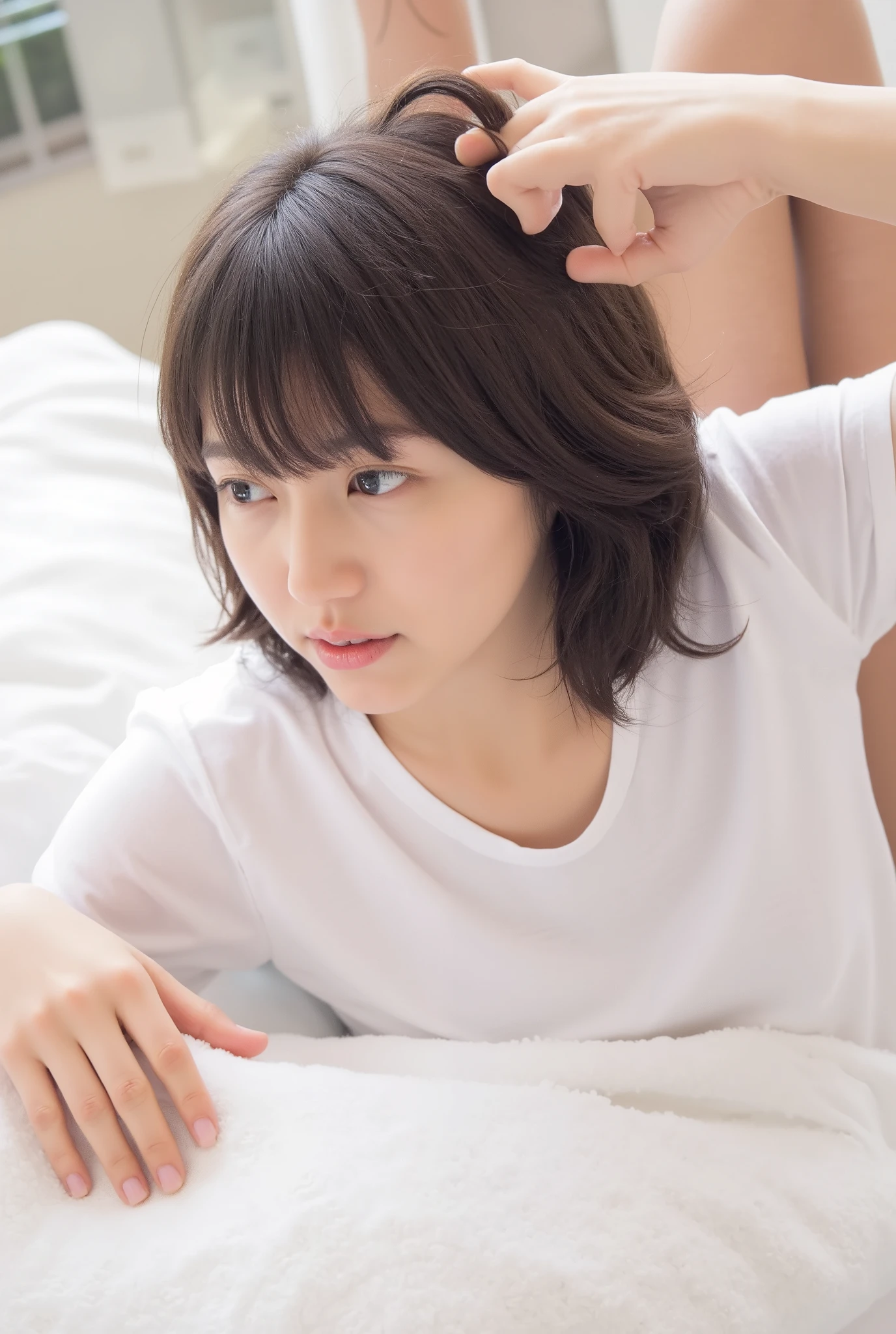 High Resolution Pictures of Young Japanese Women, is present, photo- is present, Masterpiece, top quality, intricate details, extremely detailed, sharp concentration, professional lighting, (Bust, front view, from above:1.2), Alone, 1 girl, ( lying in bed , On the back, Head On Pillow , sleeping position :1.4), slender body, small head, straight black hair with bangs, pale skin on a street car, fine skin, shiny skin, natural makeup , Tiny Breasts , t-shirt, covering nipples , sensual face, enchanting eyes, in a seductive pose for a gravure photo shoot, brush your hair with your fingers , anatomically correct proportions , indoors, Home, bedroom,