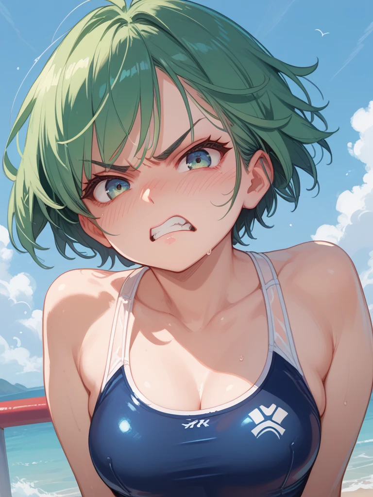 (((masterpiece))), ((Highest quality)), (Very detailed), ((High resolution)), ((8K)), ((Anatomically correct)), One very cute girl, Baby Face, (Young face), (Small breasts), (Tatsumaki), Beautiful nipples, Short Hair, Dark green hair, Letting down your bangs, (Short), (Petite), Charming smile, Emerald Eyes, Best moment, Delicate arms, Detailed skin texture, Intricate details, Very detailedな顔, Beautiful thighs, Beautiful curves, (Sweating), In the pool at night, ((Cute frilly bikini)), (Embarrassed and shy), Fancy decoration, Colorful lights, Love your audience, Mouth open,