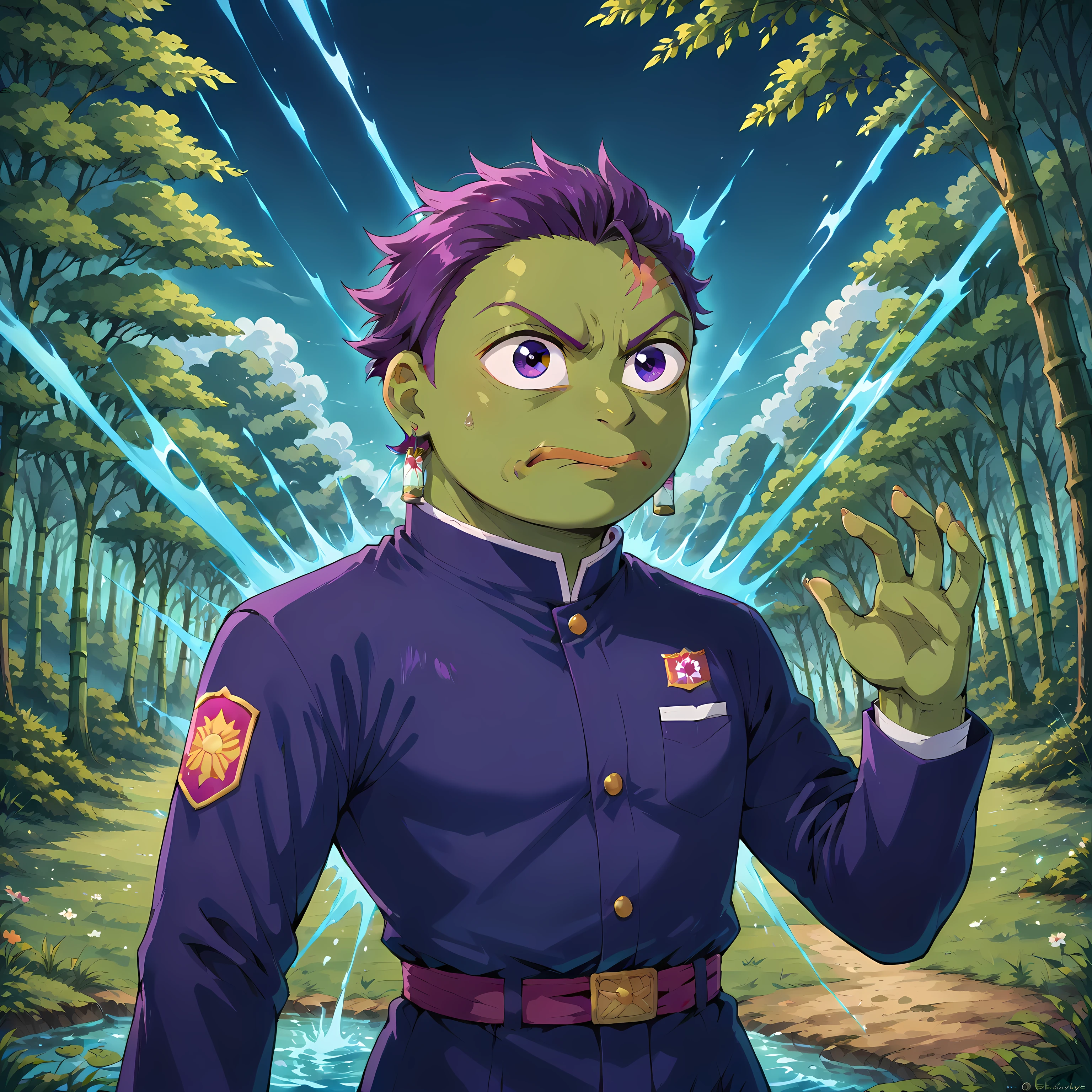 Pepe Frog, Detailed_Background, Dynamic Poise, Action scene, action pose, dynamic composition, (anthropomorphic frog, large round pepe head, Tanjiro-spiky purple hair, wide pepe eyes, frog mouth), (anthropomorphic frog), aggresive expression, stern, stoic, (anthropomorphic frog, large round pepe head, wide pepe eyes, determined pepe expression), 1boy, signature pepe proportions, Demon Slayer Style, Tanjiro-spiky purple hair, checkered haori, black uniform, hanafuda earrings, forehead scar, nichirin blade, water breathing effects, dynamic action pose, bamboo forest night scene, moonlight filtering through trees, mist particles, glowing blue energy trails, cinematic lighting, ultra detailed, masterpiece