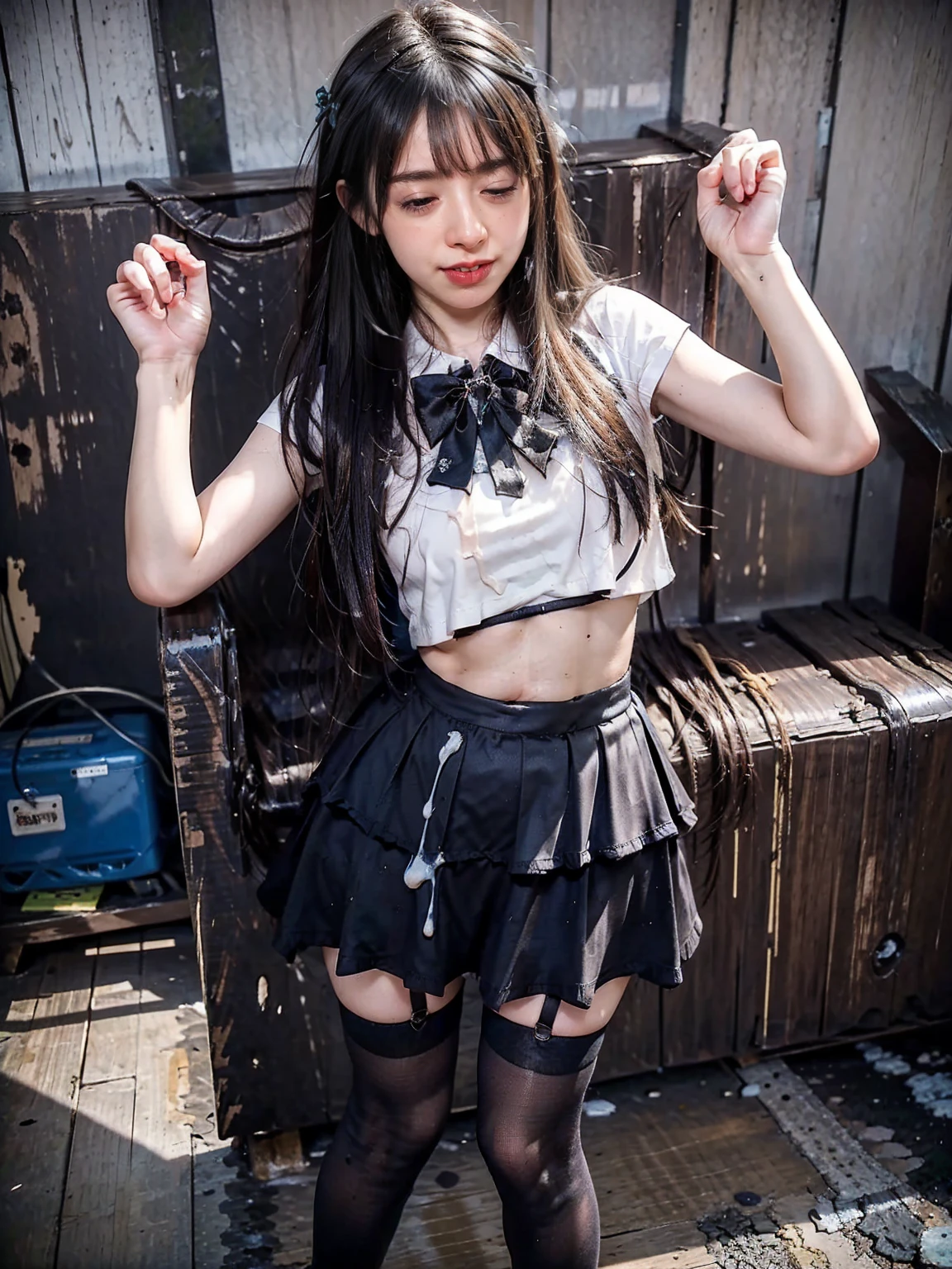 (1 male),High resolution, Sharp focus, pixiv masterpiece, ((Intricate details)), Very detailed, natsukubaru, 1 person,Very cute girl, Defeated at age 15, Broken Heart,Lesbians all over,Kneel on the ground, Sweaty crotch,Pee on your feet,urination,Urine dripping from thighs,Embarrassing,Excited, Shocked,panic,anxiety,Small puddles of urine around the legs,Urine dripping from the groin,drenched,rain,my shirt got wet,(A gesture of supplication),Blue colored eyes(Shining Eyes), Short white hair,Landmine Fashion,Wear platform boots,,Wearing a black miniskirt, Wear a pink blouse, Sleeveless, Bring it to life,View from below, Bitch, Obscene, Exposing your armpits, Prostitute, crazy, Ahegao, (Semen-covered body),Minors