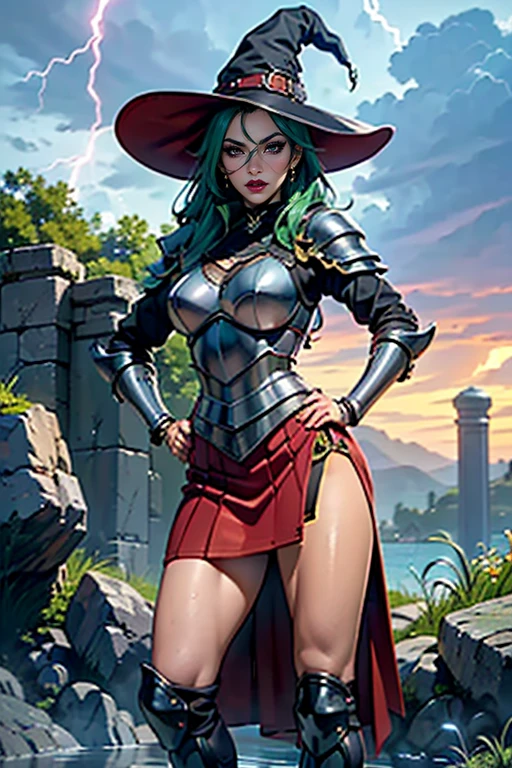 ((full-body photo, feet on the ground, front view)). Princess Zelda, {big breasts, red cheeks, red lipstick on her mouth, looking at the viewer}, {((black outfit with gold trim/maid's outfit with short shorts)}, she's bathing in a waterfall in an open area falling water, clothes and hair soaked. She has {((short green hair, blue eyes, looking at the viewer, smiling)}, anime, anime style, motion blur, 16k, high quality, super detail, textured skin, anatomically correct, masterpiece, masterpiece, masterpiece, UHD, ccurate