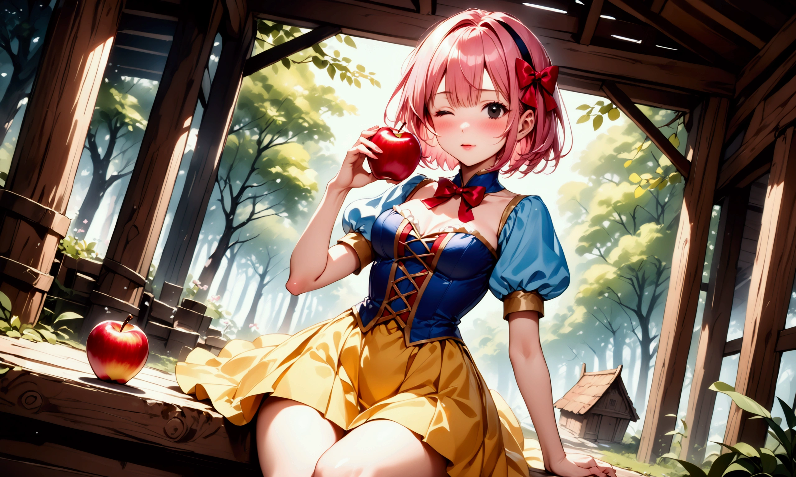 (((Picture book illustrations))), Fantasy World, (Medieval European), (Characters are on the edge), ((spring)), ((snow white cosplay, snow white (disney) (cosplay), cosplay, dress, hair bow, puff and slash sleeves, puffy short sleeves, puffy sleeves, red bow, short sleeves, skirt, yellow skirt)), break, skinny, alone, solo, Masterpiece, highest quality, highest quality, 16K, incredibly absurd, highly detailed, 2.5D, ai-generated, delicate and dynamic, very delicate facial expressions, delicate eye depiction, erotic, only sexy woman, ((A cute and kind face)), healthy figure, ((1 woman)), (20 years old), 160cm tall, (((short hair), Straight Hair, (pink hair:1.5), bob cut, black eye)),), medium firm swaying bust, ((medium breasts)), sexy, ((thin thighs)), shiny and lustrous, facing straight at viewer, ((dutch angle)), (Dynamic Pose), (((random Pose))), In the woods, in a shabby hut, sitting in front of the hut, a big apple, (eating an apple), eyes closed,