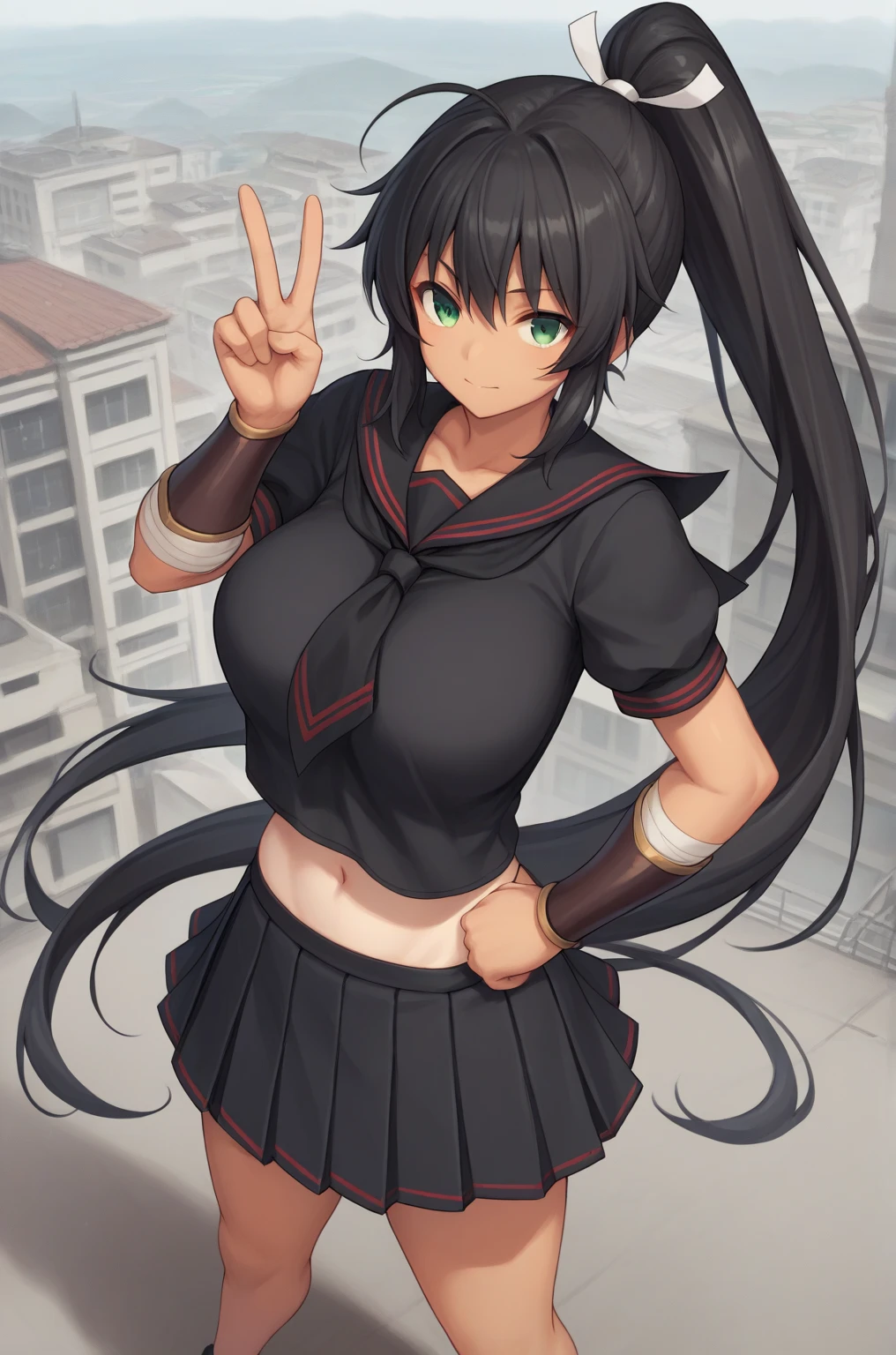 ((Masterpiece, Best Quality, high resolution, UHD, pixel perfect, depth of field, 4k, RTX, HDR)), 1 girl, Single, Alone, beautiful anime girl, beautiful artistic style, cartoon character, akame, style akame ga kill!, black collared shirt, red necktie, Sleeveless, skirt ((wide, hits, Shiny black hair,)), (Red eyes:1.4, rounded eyes, Beautiful eyelashes, realistic eyes), (detailed face, blush:1.2), (smooth texture:0.75, realistic texture:0.65, photorealistic:1.1, cg anime style), big breasts, (dynamic pose, to throw, close up, looking at the viewer), perfect body, round butt, black choker, ((black miniskirt:1.5)), Open mouth, Holding a katana, next to a water fountain.