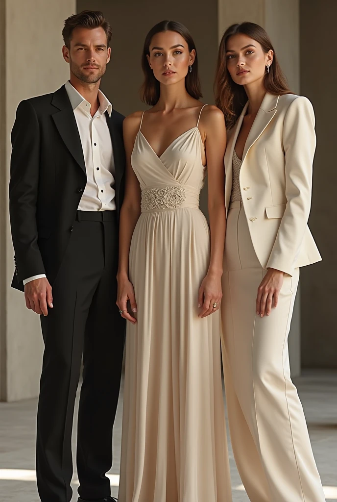 Create a color combination of a couple outfit with beige 