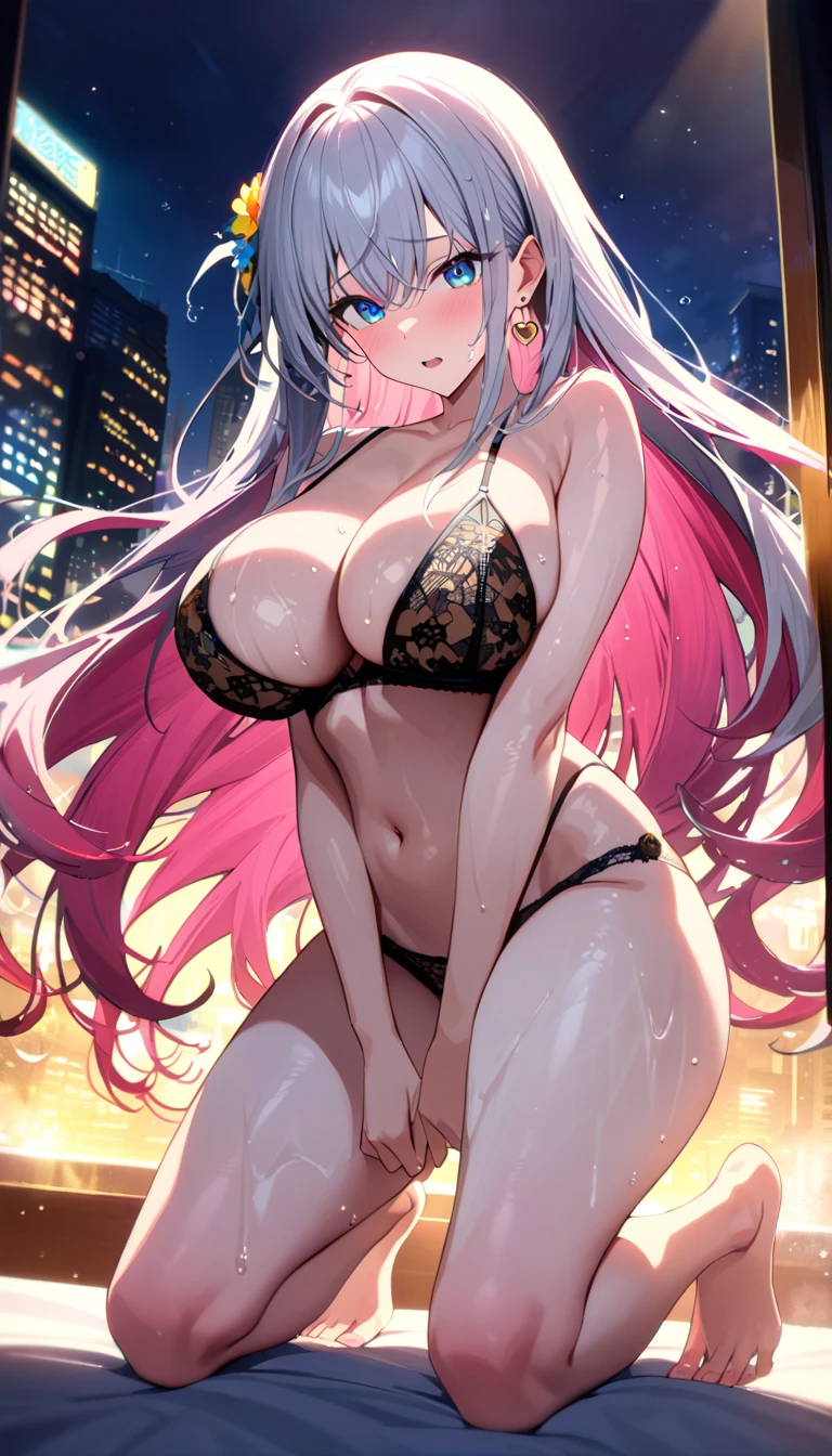 Erotic Anime Illustration、highest quality、Sex Appeal、Luxury space、The rooftop of a skyscraper in a big city late at night、A plump gal seduces a man、Summer Dresses、Perfect proportions、Spread your legs and expose your pussy、Very large breasts、Fatty legs、Clear eyes、Sweaty、Cowboy Shot