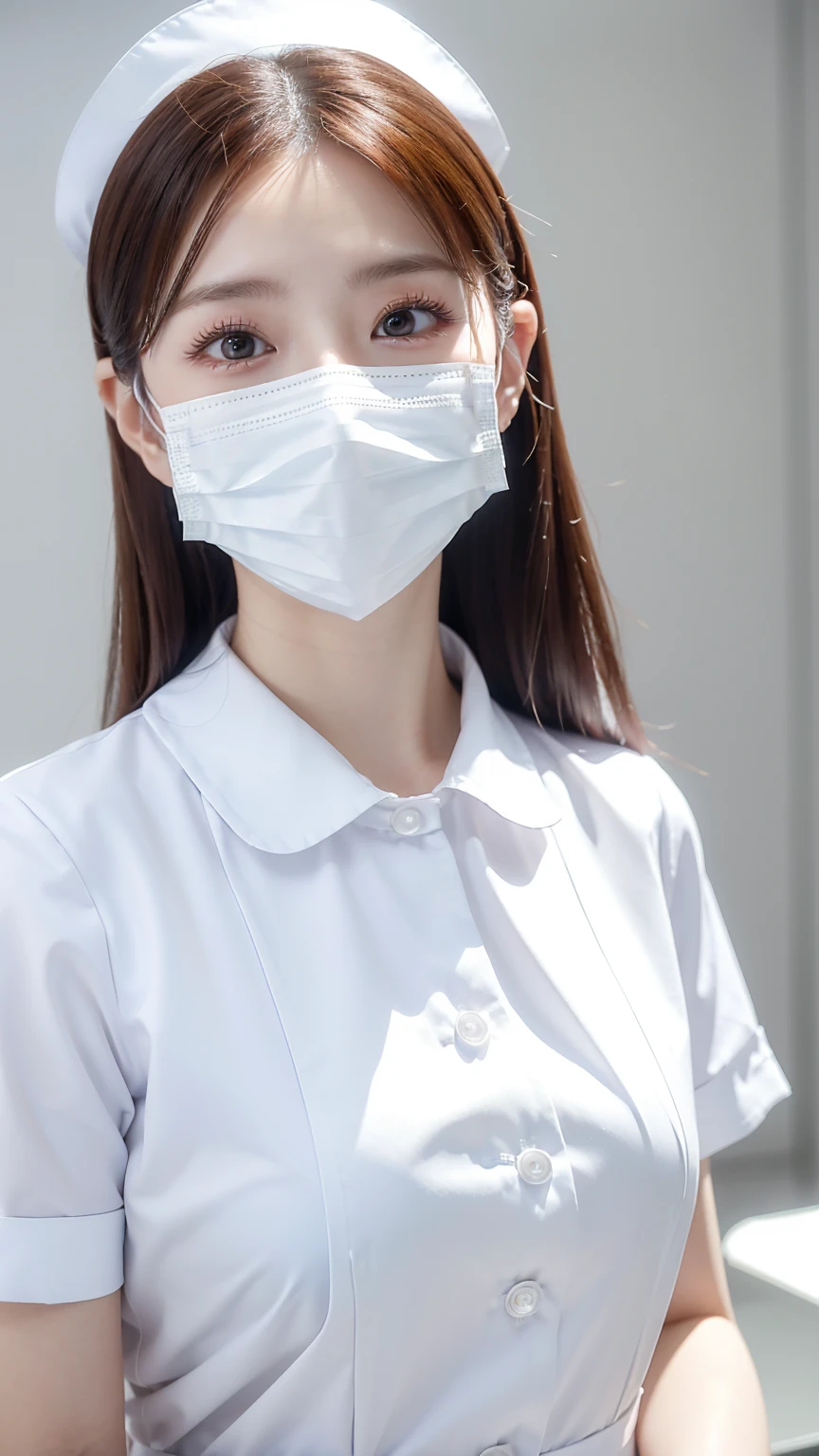 (Tabletop、highest quality、8k、Award-winning works、Ultra-high resolution)、(One beautiful nurse:1.1)、(The perfect white nurse uniform:1.1)、(White Mask:1.1)、Accurate anatomy、(Strongly blurred hospital room background:1.1)、very bright white lighting、(Close-up of face:1.2)、Perfect beautiful makeup、Spectacular Cinema Lighting、Tyndall effect、Elegantly upright
