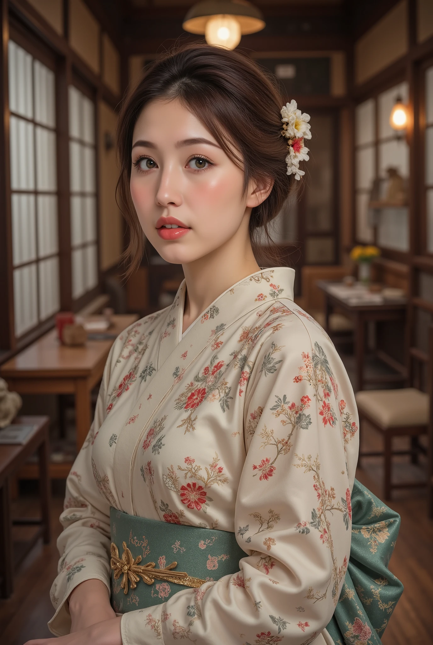 best quality, masterpiece, super high resolution, beautiful Japanese girl, Kind Face, green eyes, kind smile, Curvy Body, big boobs, updo brown hair, Japanese female Cloth Outfit, Japanese kimono, In Old Japanese-style Room, night:1.2,
