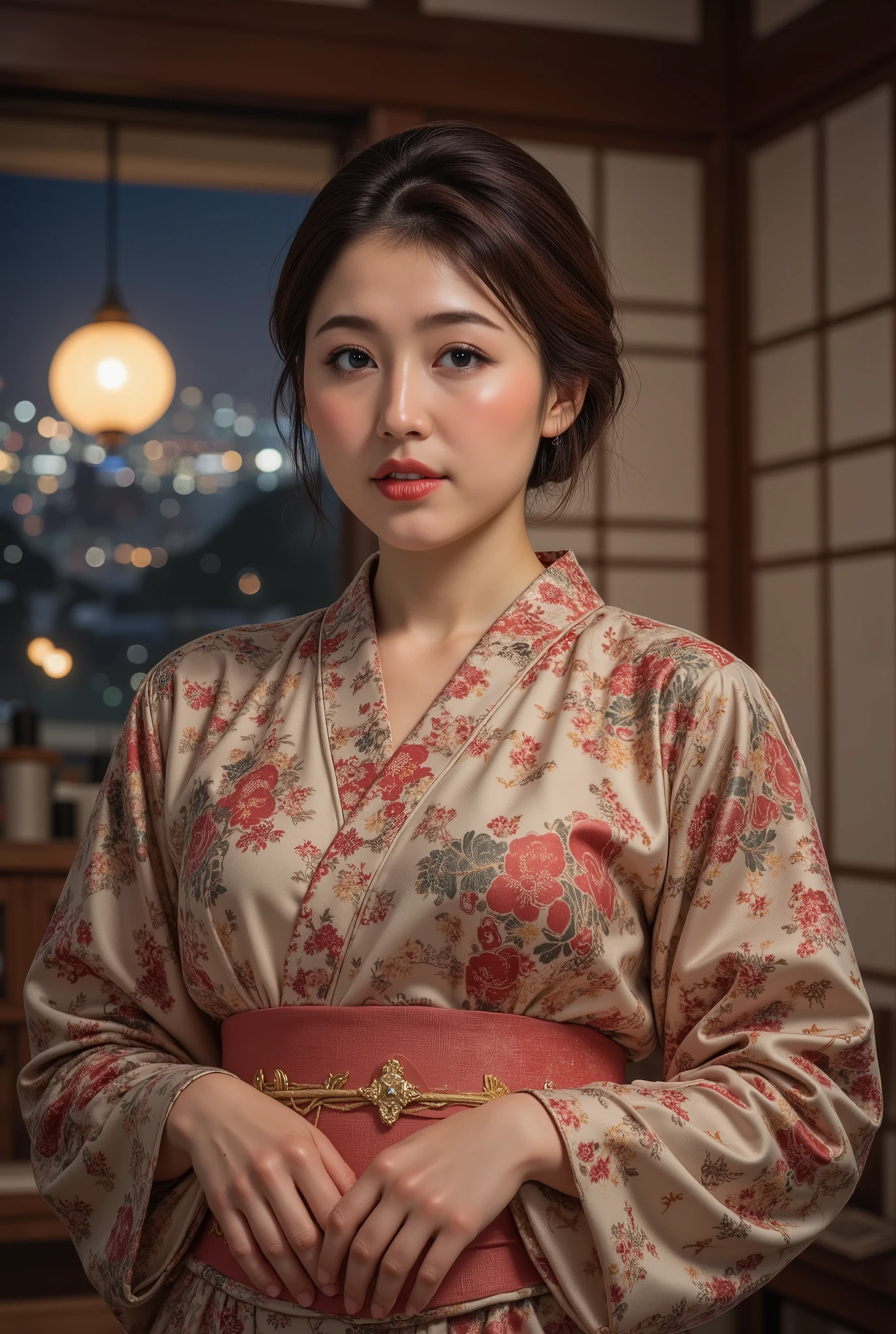 best quality, masterpiece, super high resolution, beautiful Japanese girl, Kind Face, green eyes, kind smile, Curvy Body, big boobs, updo brown hair, Japanese female Cloth Outfit, Japanese kimono, In Old Japanese-style Room, night:1.2,