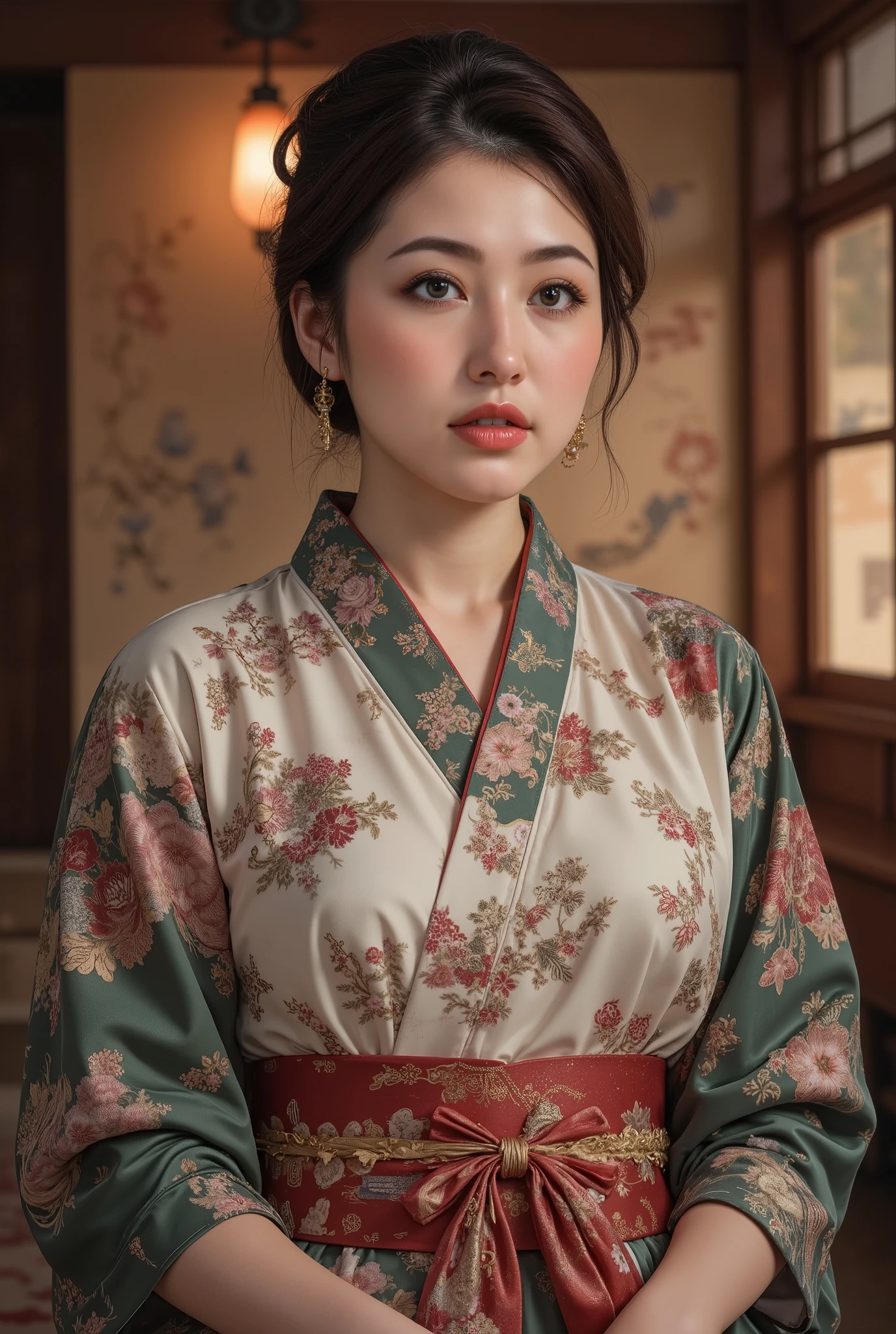 best quality, masterpiece, super high resolution, beautiful Japanese girl, Kind Face, green eyes, kind smile, Curvy Body, big boobs, updo brown hair, Japanese female Cloth Outfit, Japanese kimono, In Old Japanese-style Room, night:1.2,