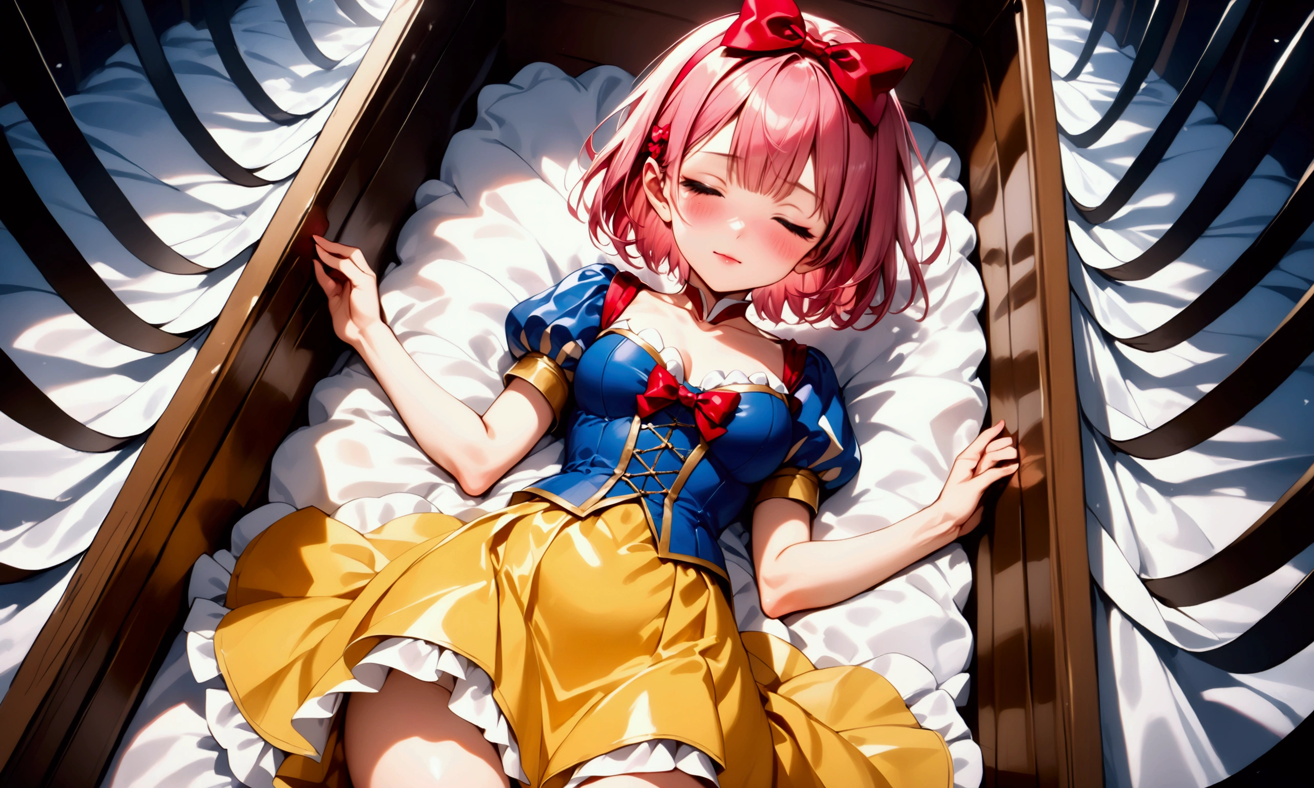 (((Picture book illustrations))), Fantasy World, (Medieval European), (Characters are on the edge), ((spring)), ((snow white cosplay, snow white (disney) (cosplay), cosplay, dress, hair bow, puff and slash sleeves, puffy short sleeves, puffy sleeves, red bow, short sleeves, skirt, yellow skirt)), break, skinny, alone, solo, Masterpiece, highest quality, highest quality, 16K, incredibly absurd, highly detailed, 2.5D, ai-generated, delicate and dynamic, very delicate facial expressions, delicate eye depiction, erotic, only sexy woman, ((A cute and kind face)), healthy figure, ((1 woman)), (20 years old), 160cm tall, (((short hair), Straight Hair, (pink hair:1.5), bob cut, black eye)),), medium firm swaying bust, ((medium breasts)), sexy, ((thin thighs)), shiny and lustrous, facing straight at viewer, ((dutch angle)), (Dynamic Pose), (((random Pose))), Coffin, lying in coffin, eyes closed, sleeping,, ((sleeping)),