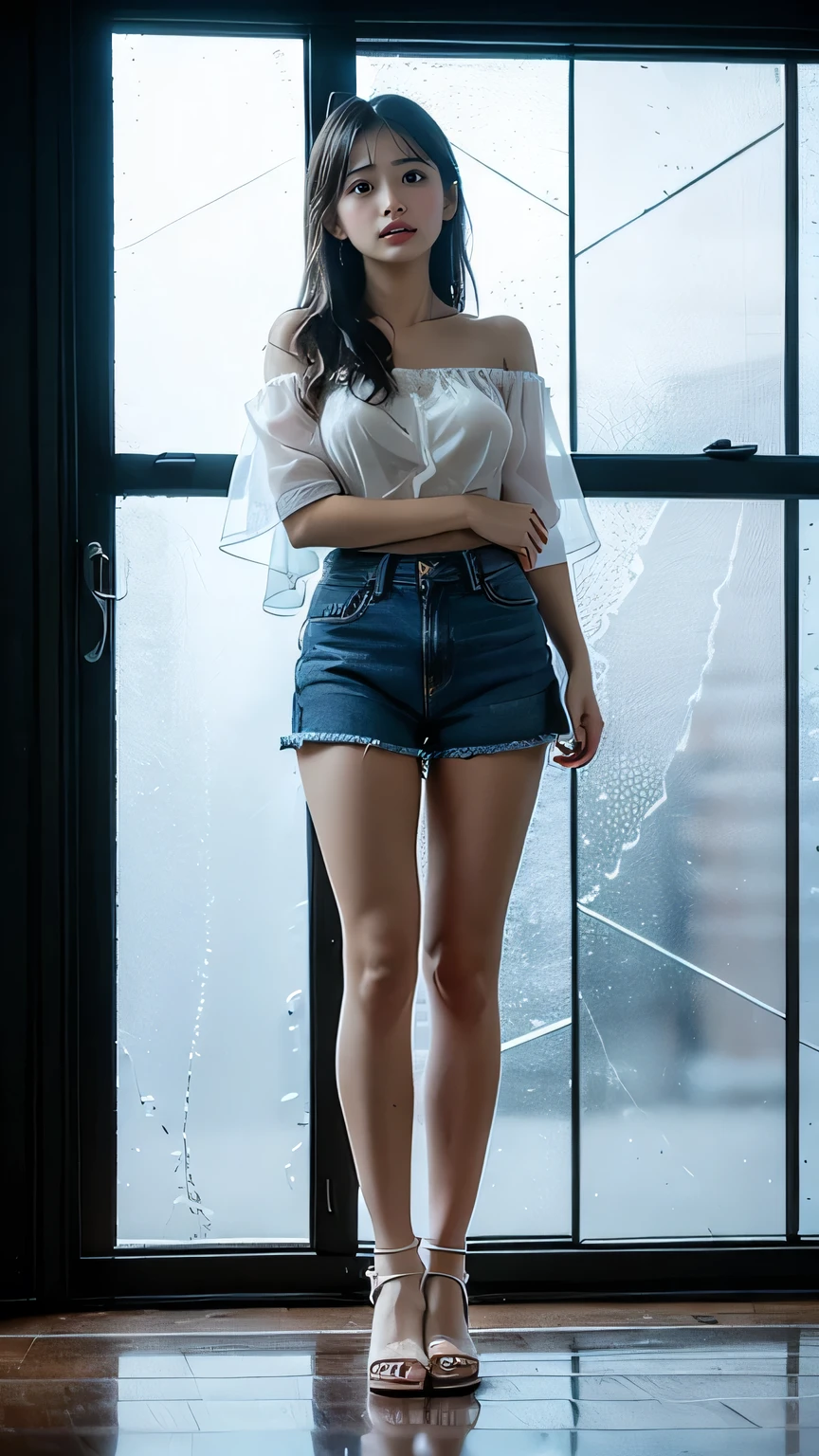 VERY DETAILED CG Unity 8k Wallpaper like the picture、 top quality、 very detailed、 Masterpiece、reality、reality、 very detailedなかわいい女の子、、(( taken from the front:1.4))、((Slightly shot from below :1.4))、((Full body shot:1.5))、(( pose where you can see your sides:1.4))、Cleft lip、stare at the audience 、 SEMI BODY SHOT、((The denim skirt accentuates the thighs:1.5))、(( white panties :1.4))、( long hair:1.7)、( beautiful face:1.3)、( perfect balance:1.2)、( long legs:1.2)、( small breasts:1.3)、((Strapless bras are see-through:1.4))、(( Japanese Man Wearing a White Chiffon Off-the-Shoulder Short Sleeve Shirt:1.4))、(( Rainy Chiffon Strapless Off Shoulder Shirt :1.4))、((( wet hair)))、reality、(( It's Raining Outside the Window :1.4))、