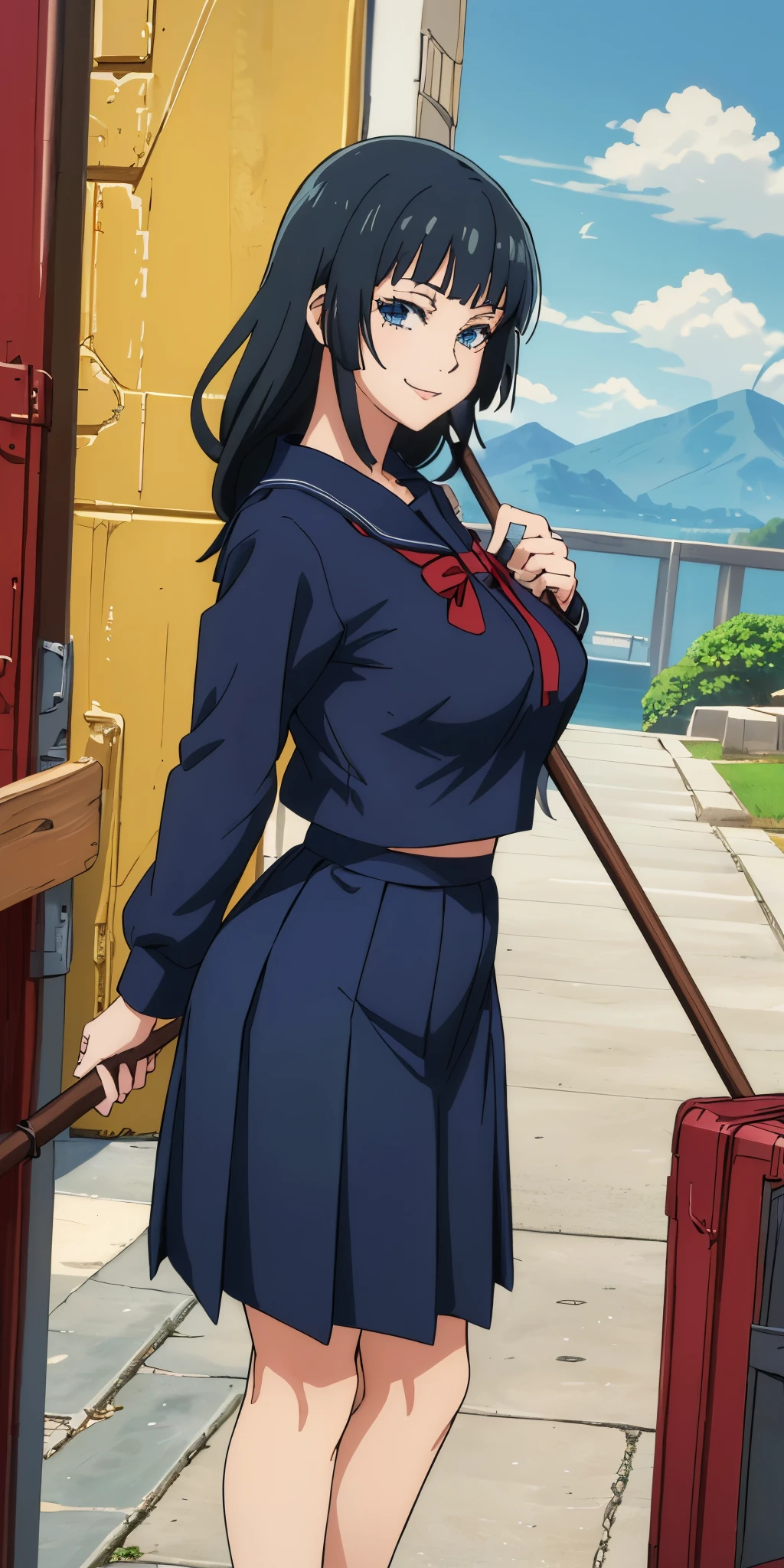 Young woman drawn in 80’s anime art style.
Retro anime. Vintage Anime. Classical Anime.
She has long and wavy black hair, blue eyes, full lips, and a beauty mark located under the right side of her mouth. She is well known for her curvaceous figure of which her most distinctive trait is her very large breasts. She has a sinister smile. She carries a weapon inside of a staff-carrying case! Meanwhile she is also visiting a High School!
She is wearing a sailor fuku (セーラー服, sērā fuku, sailor outfit) is a common japanese style of uniform worn by women, traditionally by high school female students.
The uniform generally consists of a sailor-styled blouse attached with a (Navy blue sailor-style collar) and a Dark Navy Blue Sailor Blouse. The length of the long skirt goes down past her ankle.
A ribbon is tied in the front and laced through a loop attached to the sailor blouse. The color is the ribbon is red. (RED RIBBON)
(Dark Navy Blue Sailor Shirt)
(Dark Navy Pleated Skirt)
(High School)