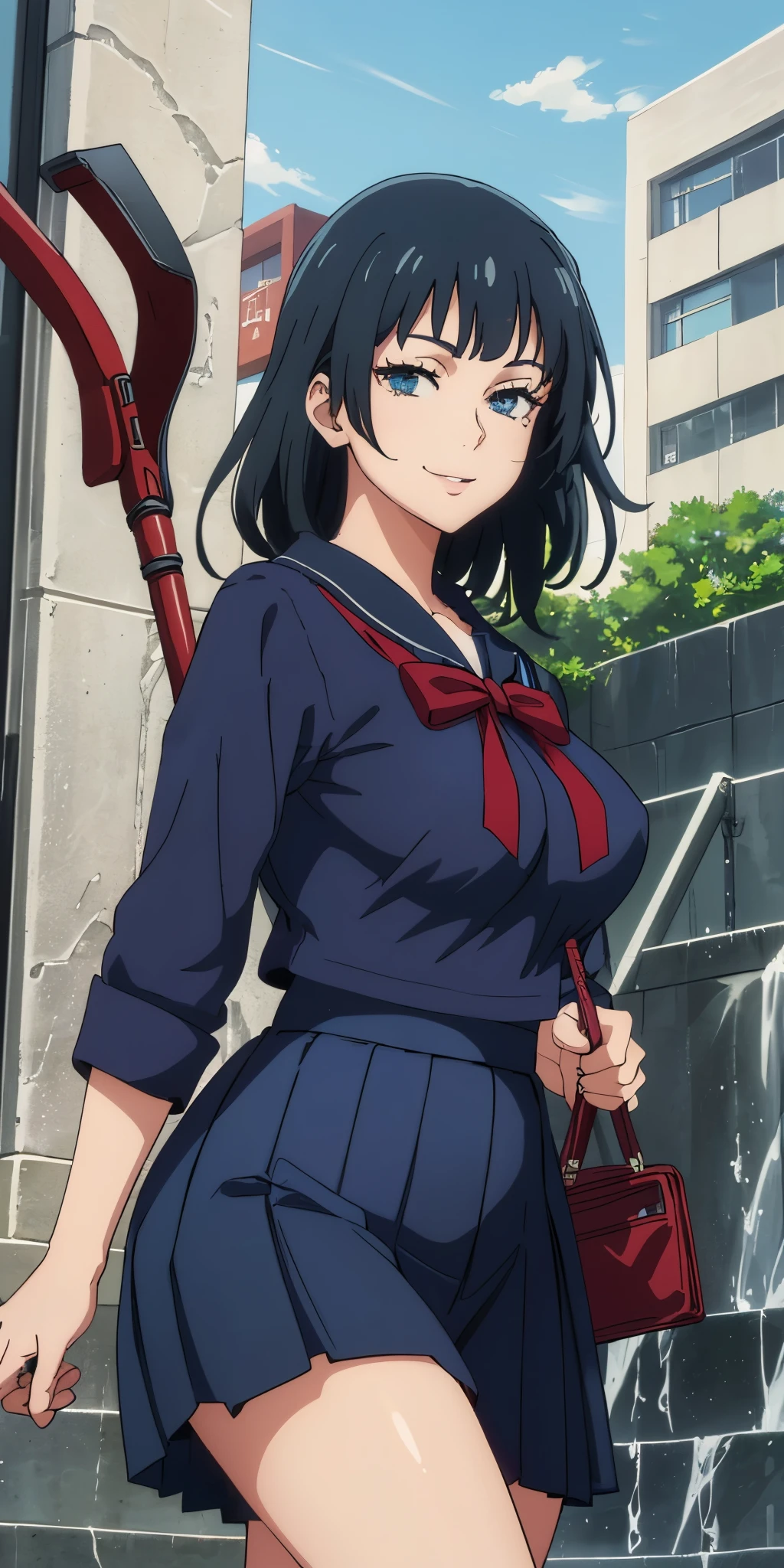 Young woman drawn in 80’s anime art style. 
Retro anime. Vintage Anime. Classical Anime. 

She has long and wavy black hair, blue eyes, full lips, and a beauty mark located under the right side of her mouth. She is well known for her curvaceous figure of which her most distinctive trait is her very large breasts. She has a sinister smile. She carries a weapon inside of a staff-carrying case! Meanwhile she is also visiting a High School!

She is wearing a sailor fuku (セーラー服, sērā fuku, sailor outfit) is a common japanese style of uniform worn by women, traditionally by high school female students. 

The uniform generally consists of a sailor-styled blouse attached with a (Navy blue sailor-style collar) and a Dark Navy Blue Sailor Blouse. The length of the long skirt goes down past her ankle.

A ribbon is tied in the front and laced through a loop attached to the sailor blouse. The color is the ribbon is red. (RED RIBBON)

(Dark Navy Blue Sailor Shirt)
(Dark Navy Pleated Skirt)

(High School)
