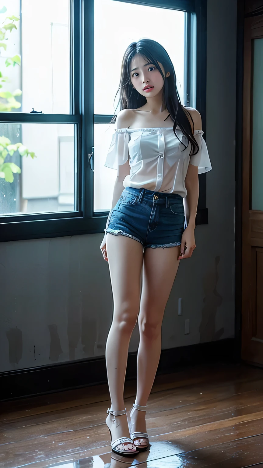((1girl)), woman, masterpiece, best quality, highest quality, cinematic lighting, (volumetric lighting), extremely detailed CG unity 8k wallpaper, focused, 8k wallpaper, extremely detailed, ultra realistic, photorealistic, sharp focus, absurdres, (HDR:1.2), (high contrast), photograph, detailed and intricate, instagram, portrait, highly detailed, digital painting, artstation, concept art, smooth, sharp focus, illustration, cinematic lighting, (big breast:1.3), (((skinny, slim legs))), (japanese idol posture), (knit strap tanktop, mini skirt, open shoulder, open chest, cleavage), looking at the viewer, (I don't see arms)), ((Standing with bent legs)), ((Medium body shot, hip level shot)), long hair, beautiful eyes, ((17yo))