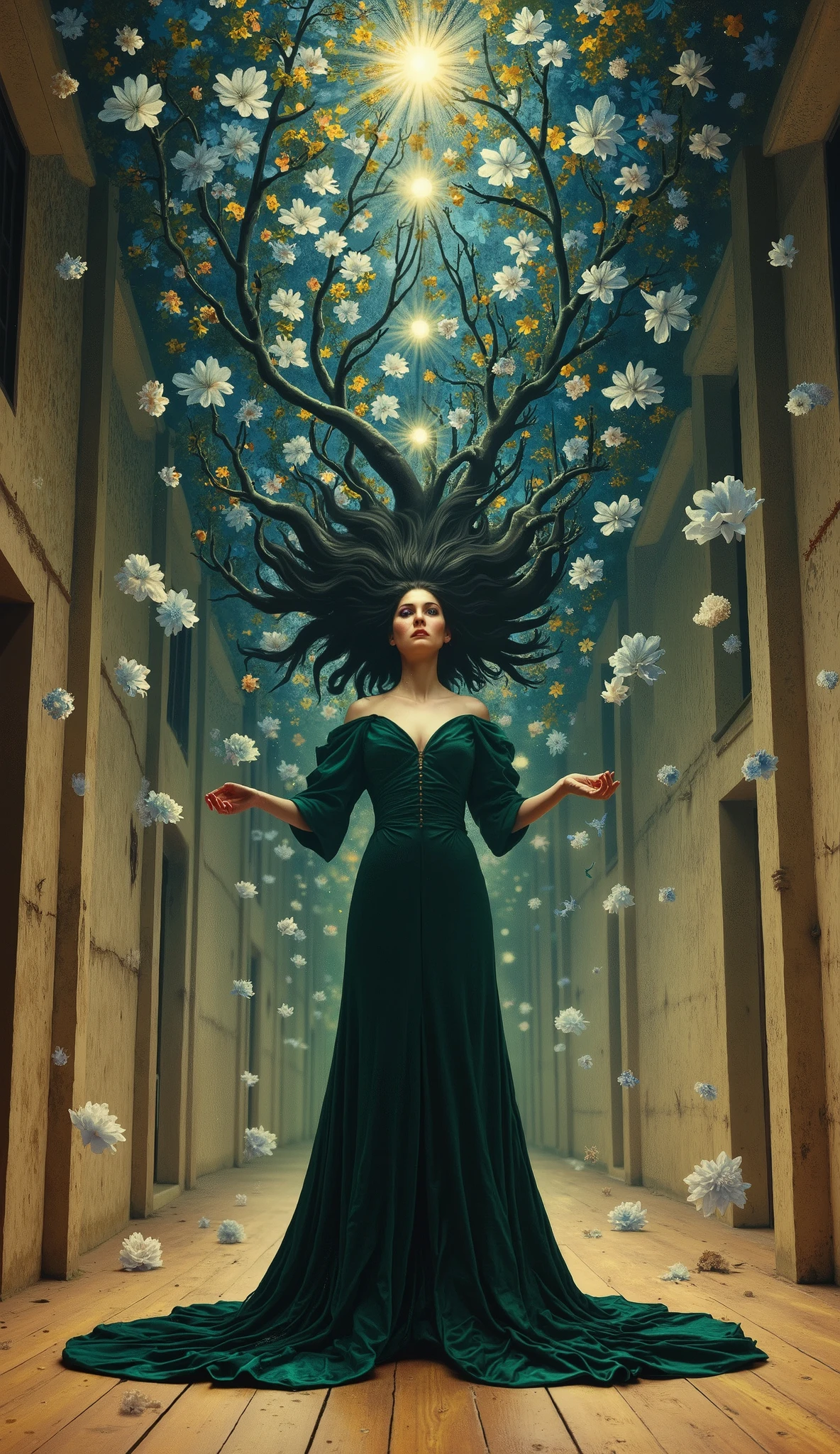 A surrealist digital painting of a woman standing in the center of a grand corridor, directly facing the viewer. She wears a deep emerald green dress that flows around her like liquid silk, pooling onto the wooden floor. Her jet-black hair defies gravity, stretching upward and transforming into intertwining roots that fuse with the ceiling, blooming into a canopy of glowing blue flowers. The corridor's symmetrical design leads the viewer’s gaze into the depth of the scene, while soft celestial light pours from above, illuminating her intense, otherworldly gaze. The atmosphere is both mysterious and mesmerizing, evoking a sense of transcendence.