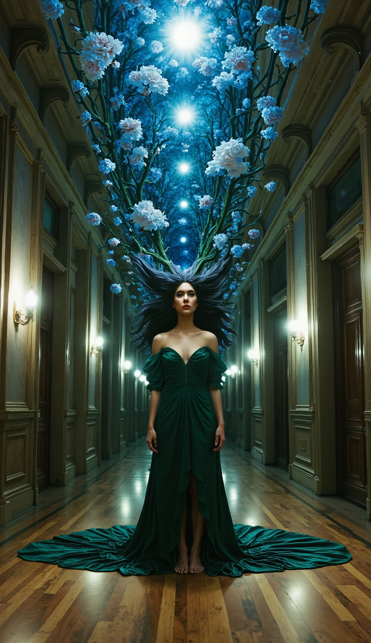 A surrealist digital painting of a woman standing in the center of a grand corridor, directly facing the viewer. She wears a deep emerald green dress that flows around her like liquid silk, pooling onto the wooden floor. Her jet-black hair defies gravity, stretching upward and transforming into intertwining roots that fuse with the ceiling, blooming into a canopy of glowing blue flowers. The corridor's symmetrical design leads the viewer’s gaze into the depth of the scene, while soft celestial light pours from above, illuminating her intense, otherworldly gaze. The atmosphere is both mysterious and mesmerizing, evoking a sense of transcendence.